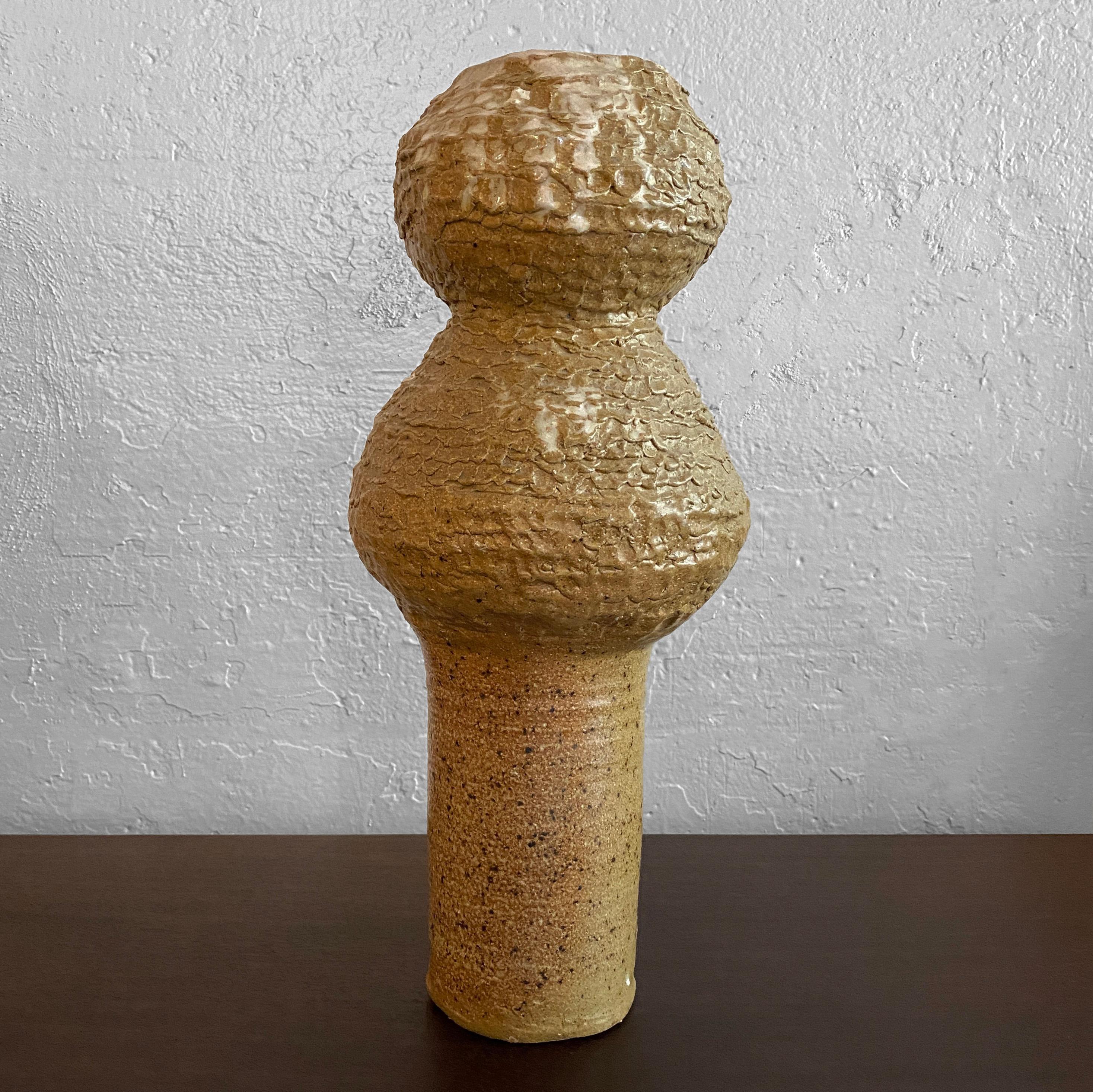 American Tall Tan Brutalist Art Pottery Vase