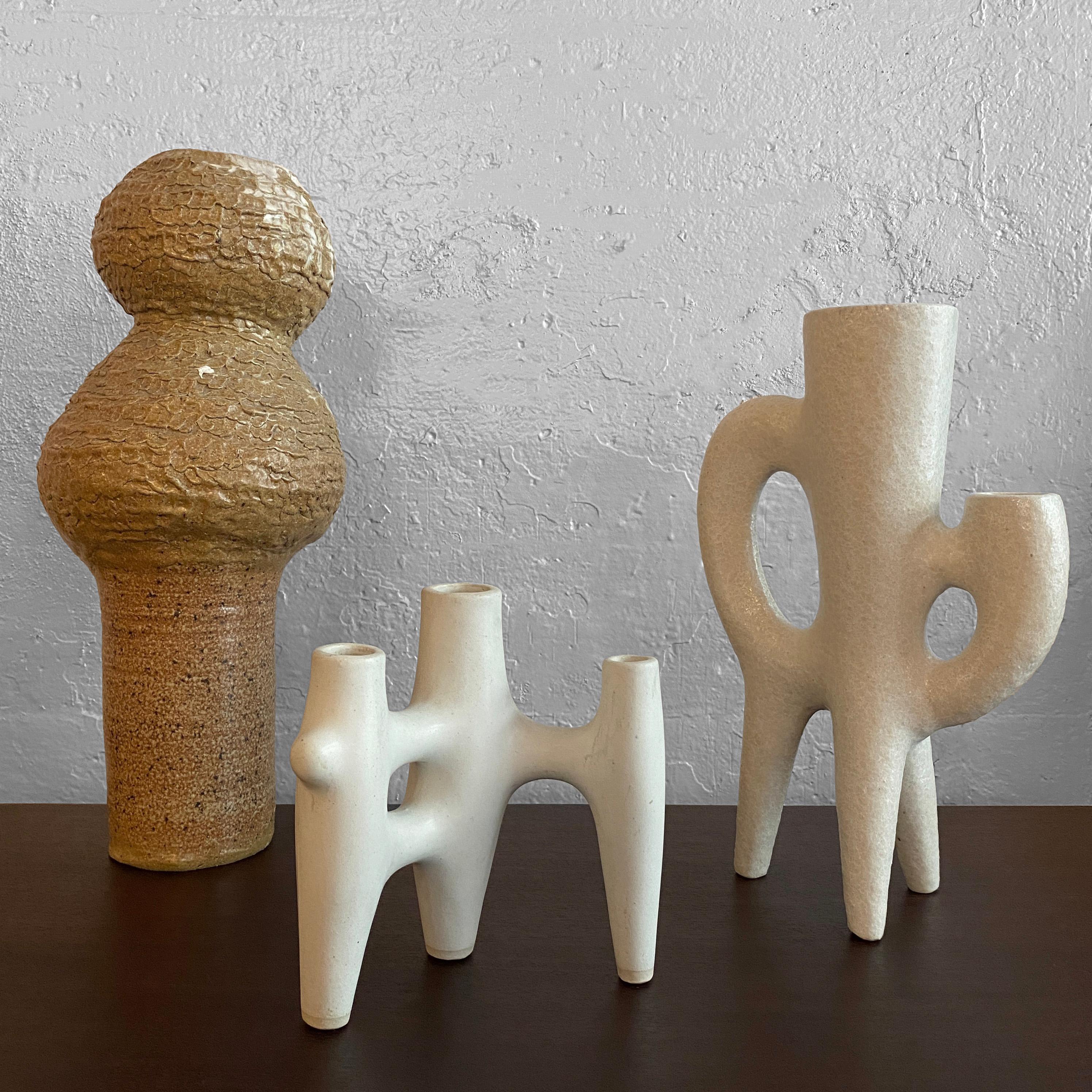 Contemporary Tall Tan Brutalist Art Pottery Vase