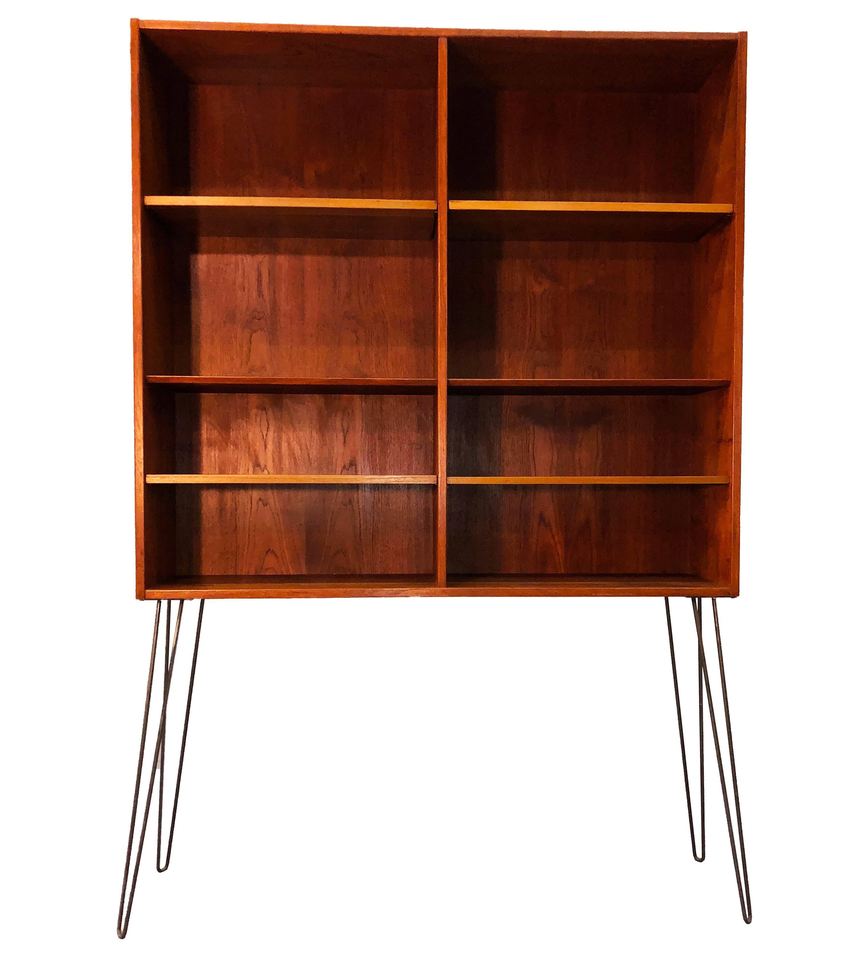 Mid-Century Modern Tall Teak Bookcase with Iron Legs For Sale