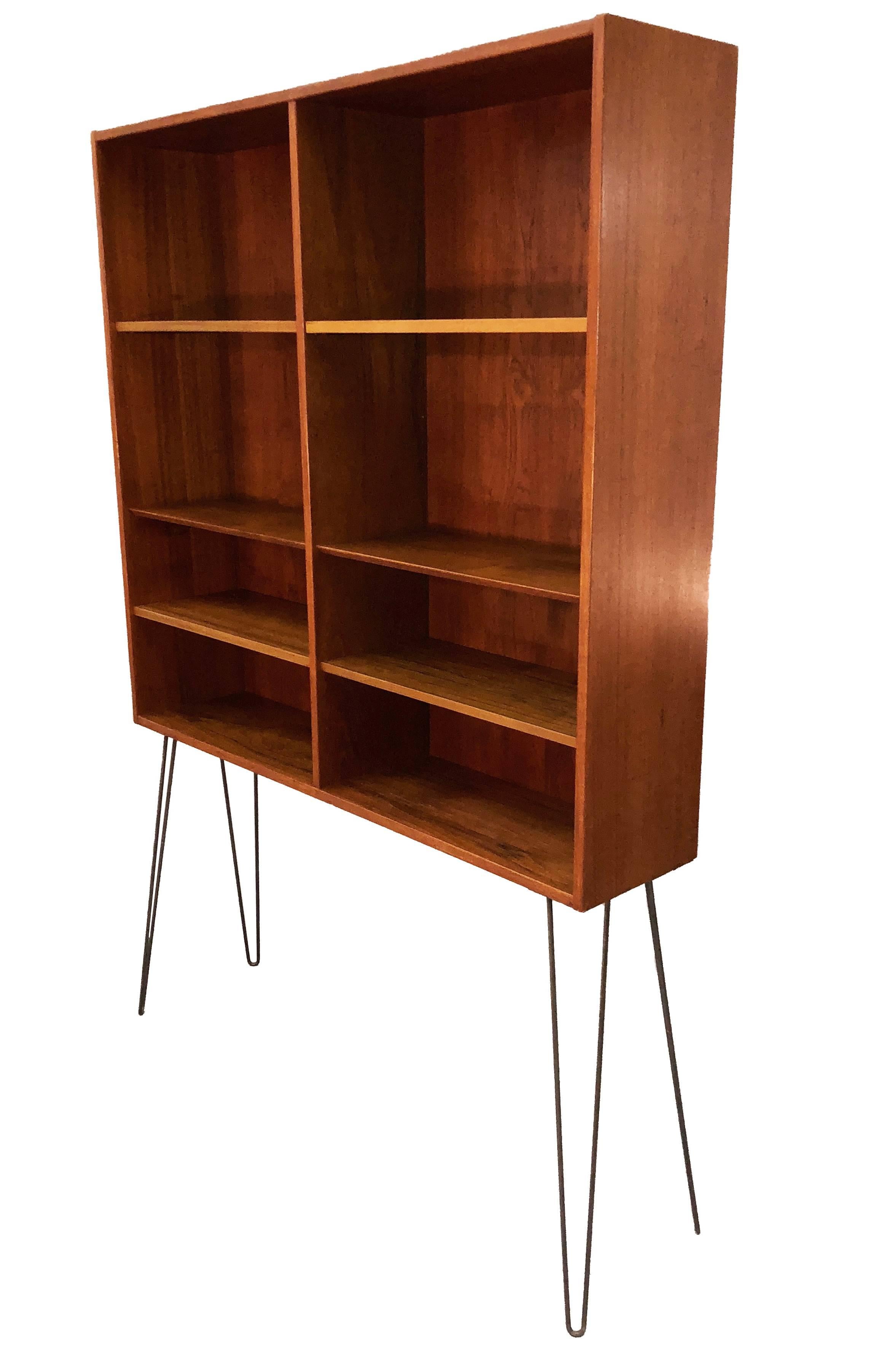 Danish Tall Teak Bookcase with Iron Legs For Sale