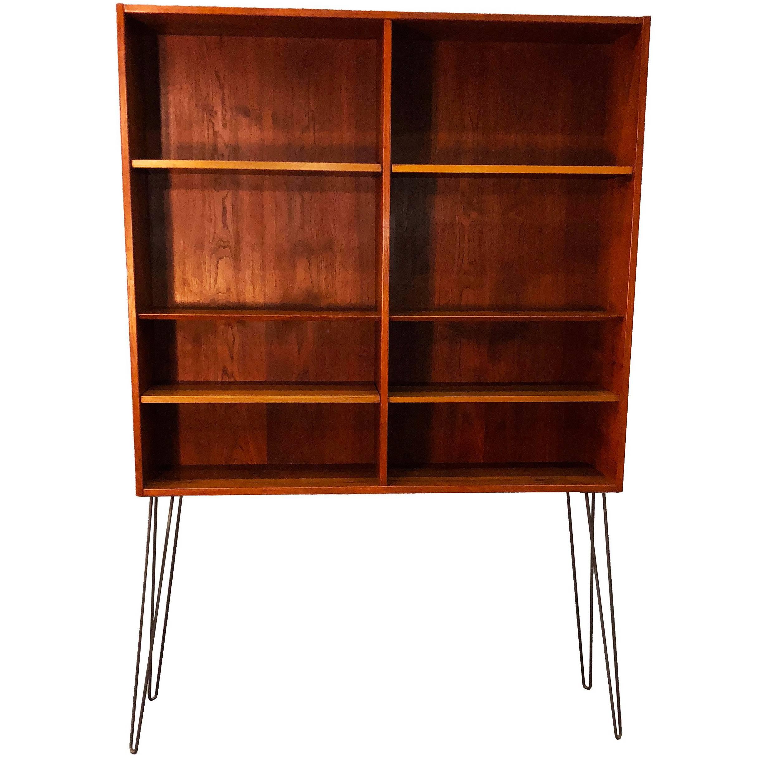 Tall Teak Bookcase with Iron Legs For Sale