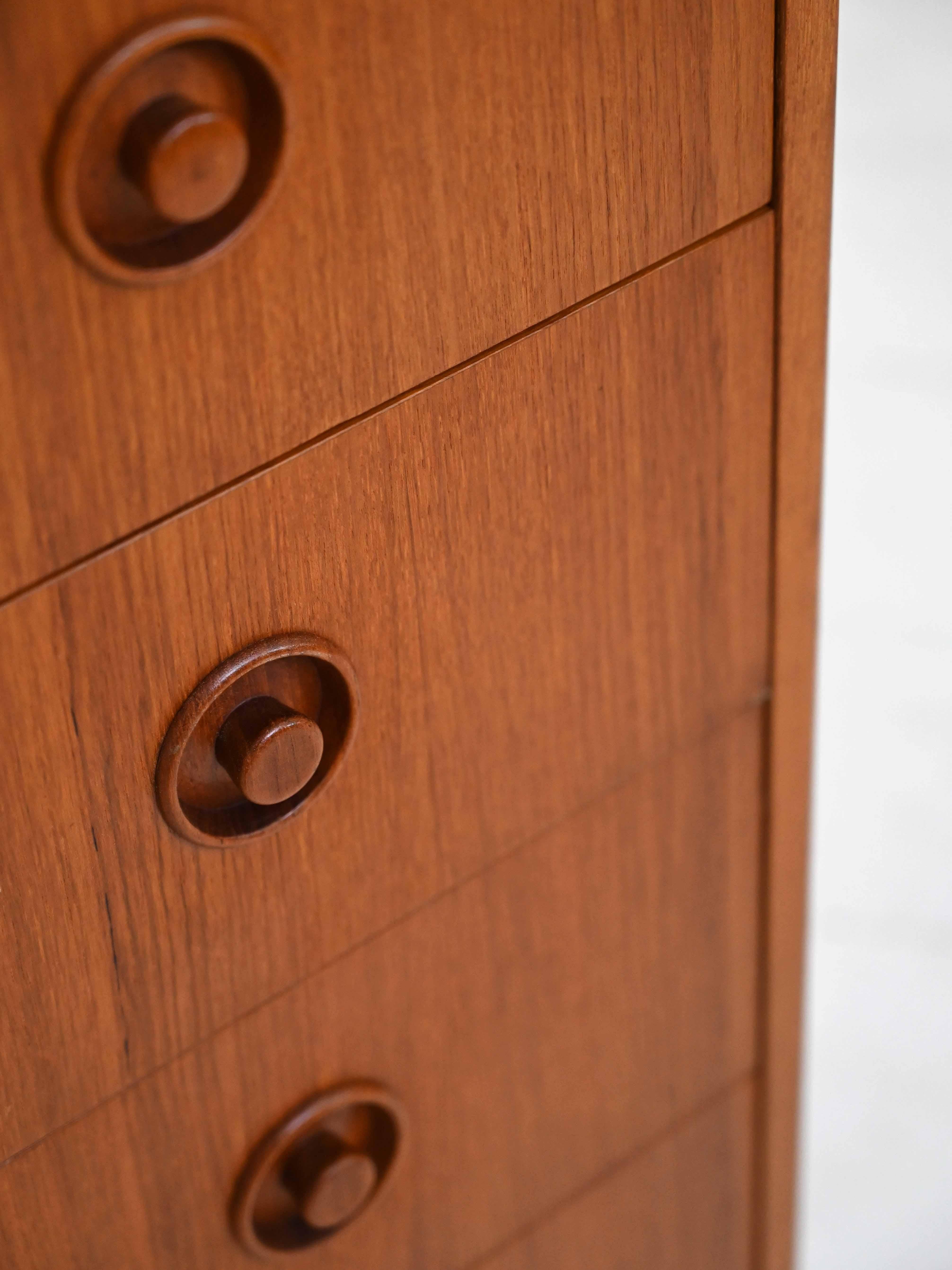 Tall Teak Chest of Drawers with Wooden Knobs For Sale 2