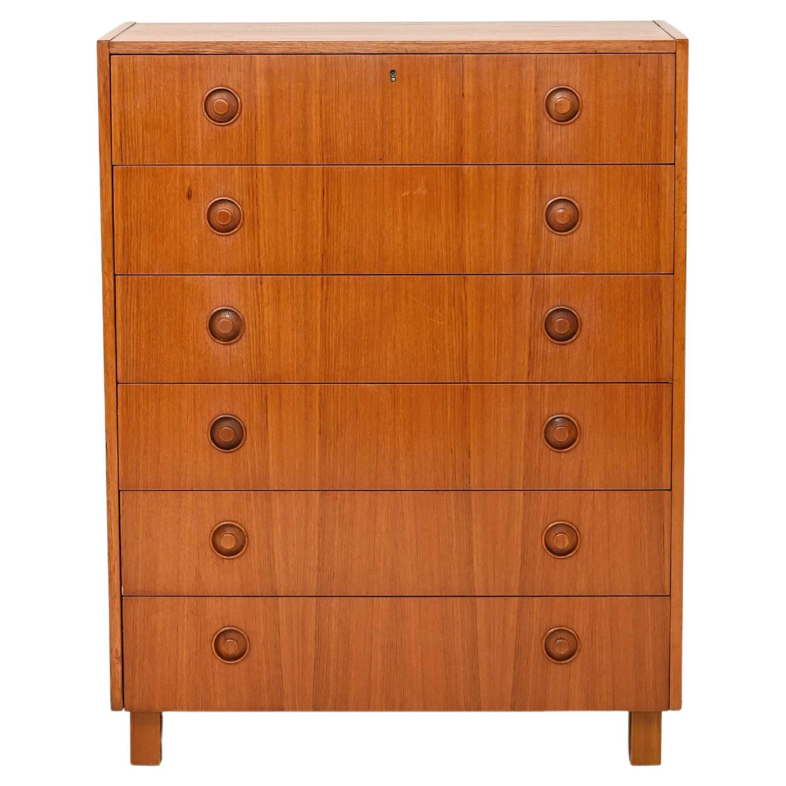 Tall Teak Chest of Drawers with Wooden Knobs