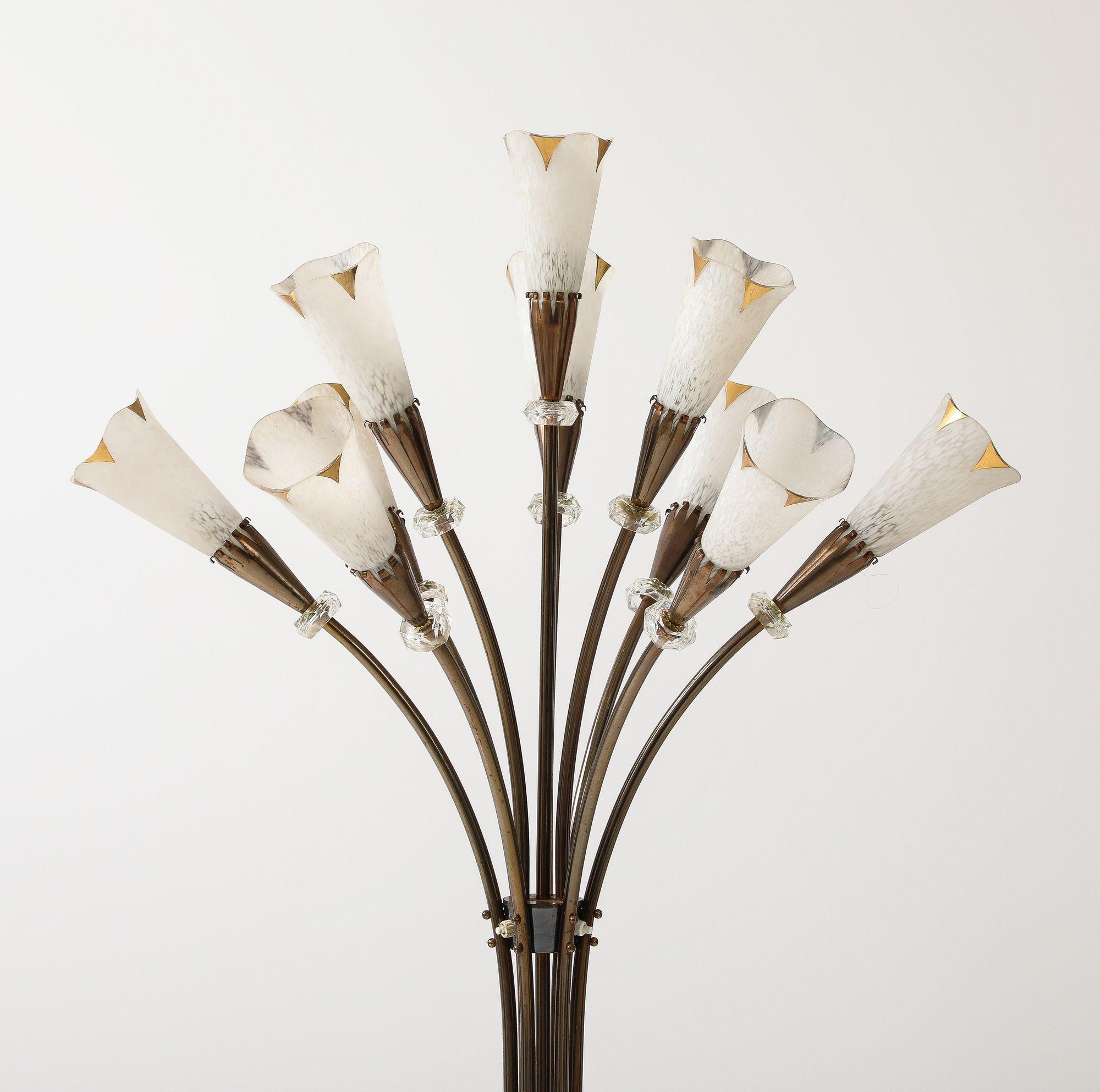 A great Tall Ten Light French Floor Lamp with gathered black stems and white glass shades with crystal mounts.