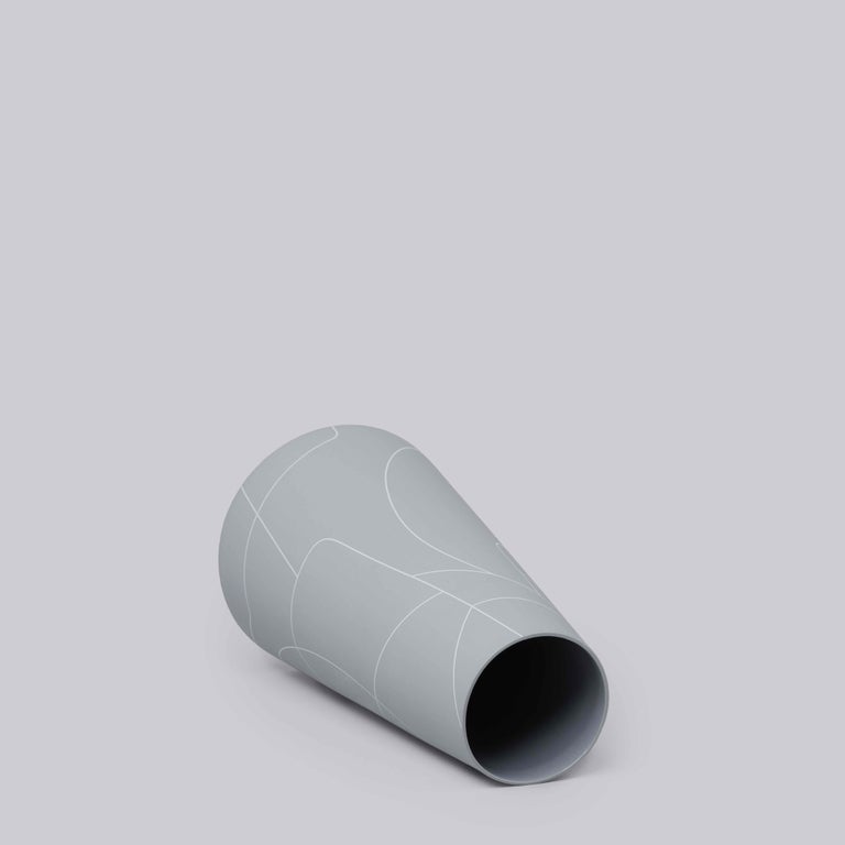 Tall Thin Medium Grey Conical Ceramic Vase with Graphic Line Pattern