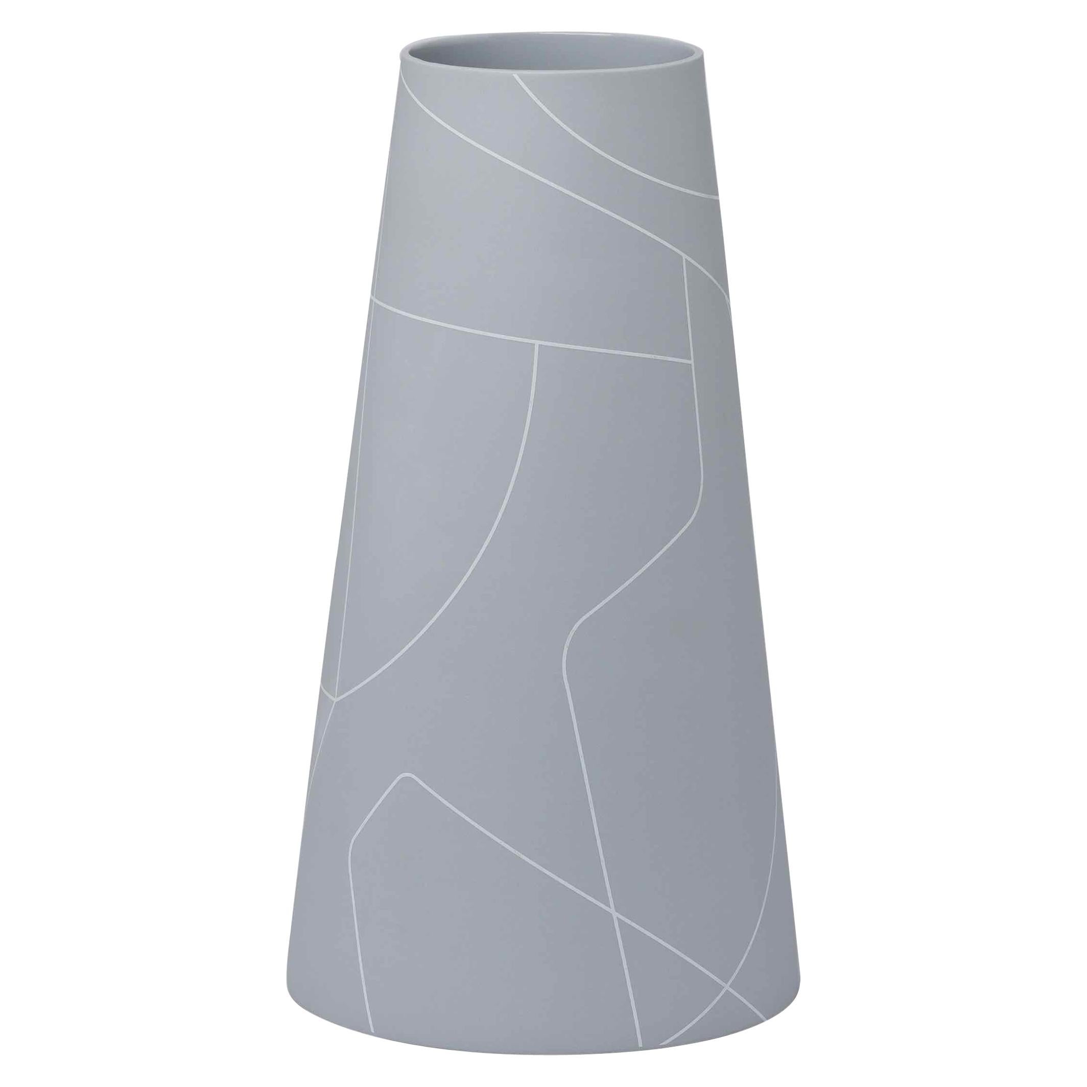 Tall Thin Medium Grey Conical Ceramic Vase with Graphic Line Pattern For Sale