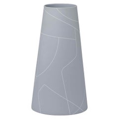 Tall Thin Medium Grey Conical Ceramic Vase with Graphic Line Pattern