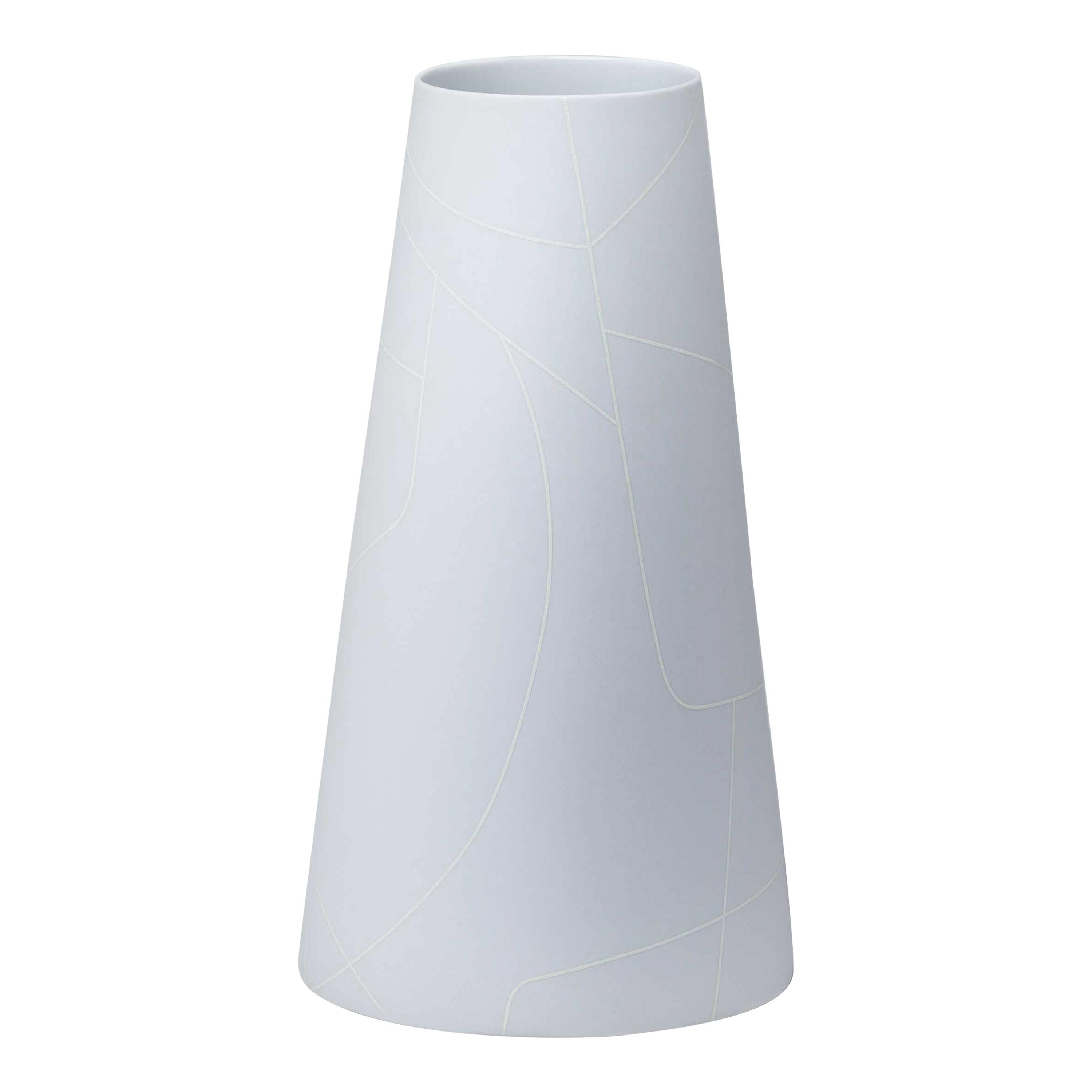Tall Thin Light Grey Conical Ceramic Vase with Graphic Line Pattern For Sale