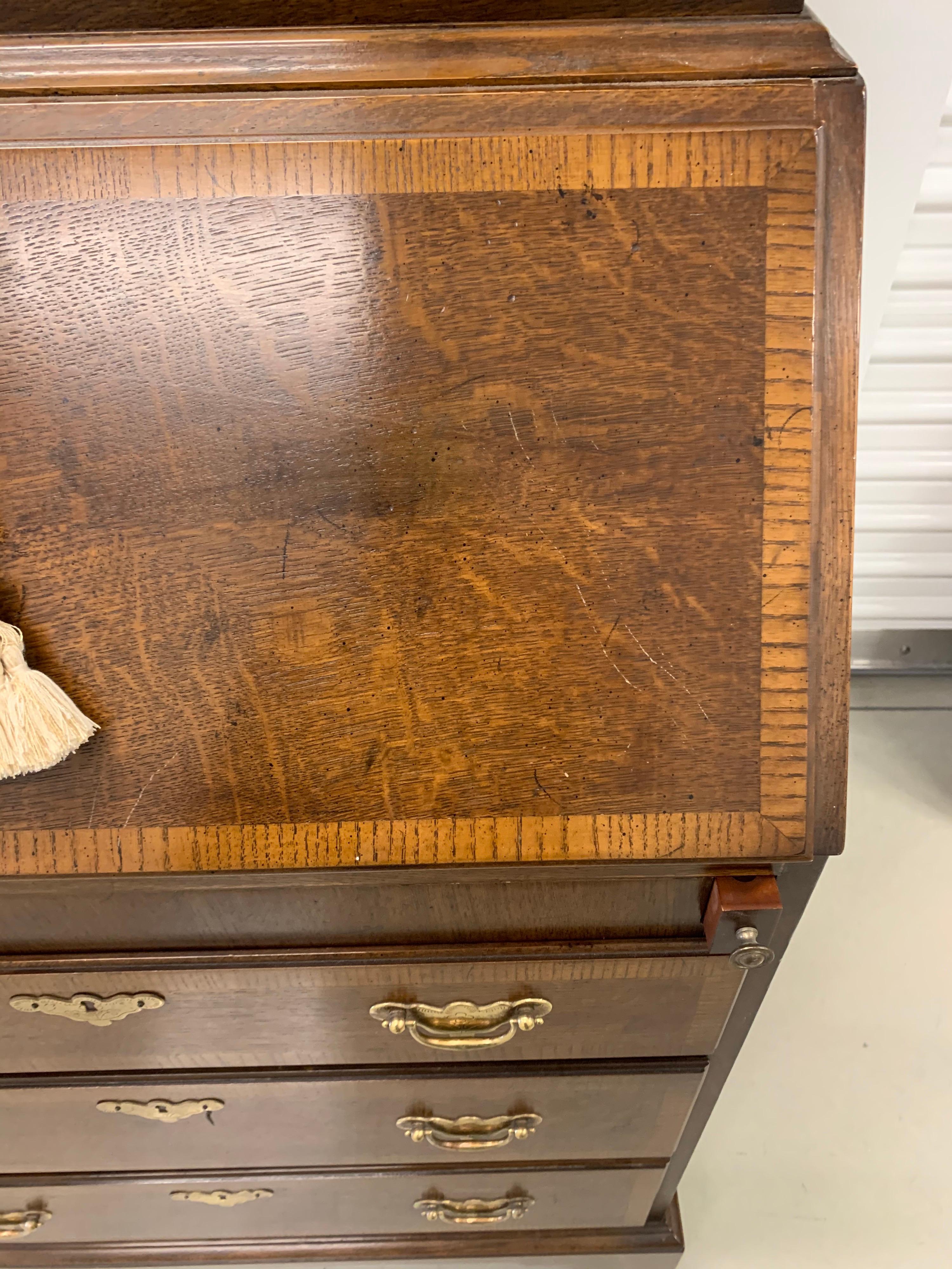 Tall Thin Secretary Secretaire Desk Banded Mahogany One-Piece In Good Condition In West Hartford, CT