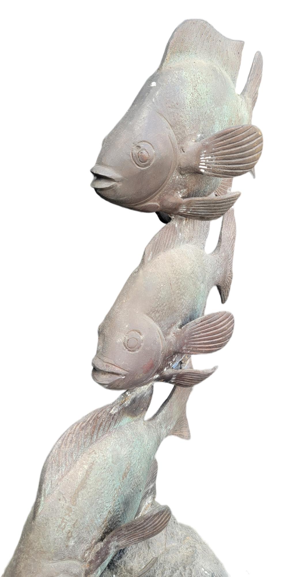Modern Tall Three Fish Bronze Statue With Marble Base For Sale