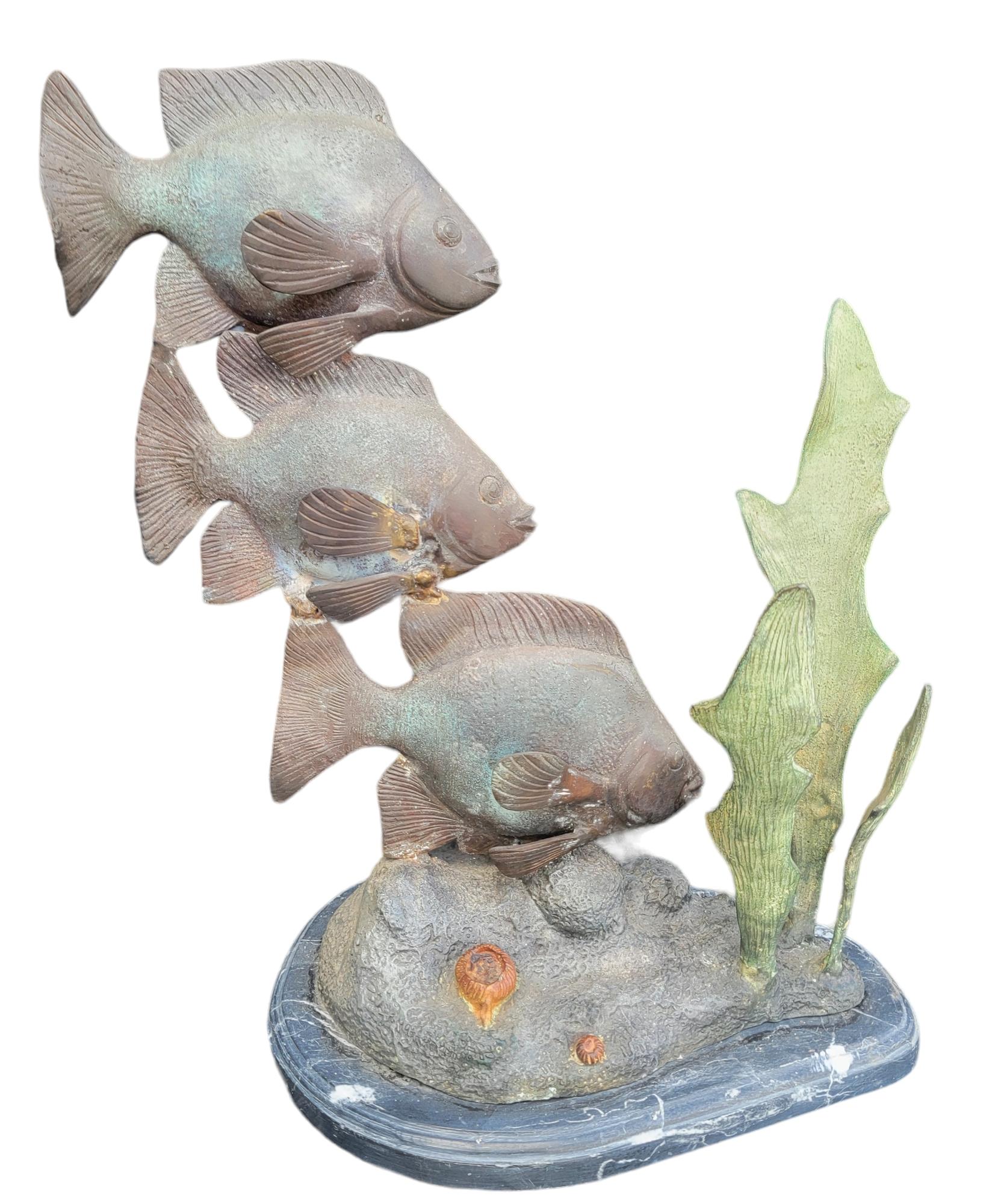 Tall Three Fish Bronze Statue With Marble Base In Good Condition For Sale In Pasadena, CA