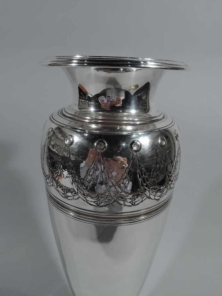 Tall Tiffany Art Deco Classical Sterling Silver Vase For Sale at