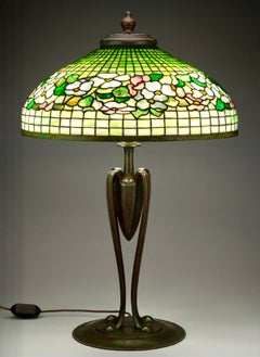 Tall Tiffany Studios Banded Dogwood Leaded Glass And Bronze Table Lamp