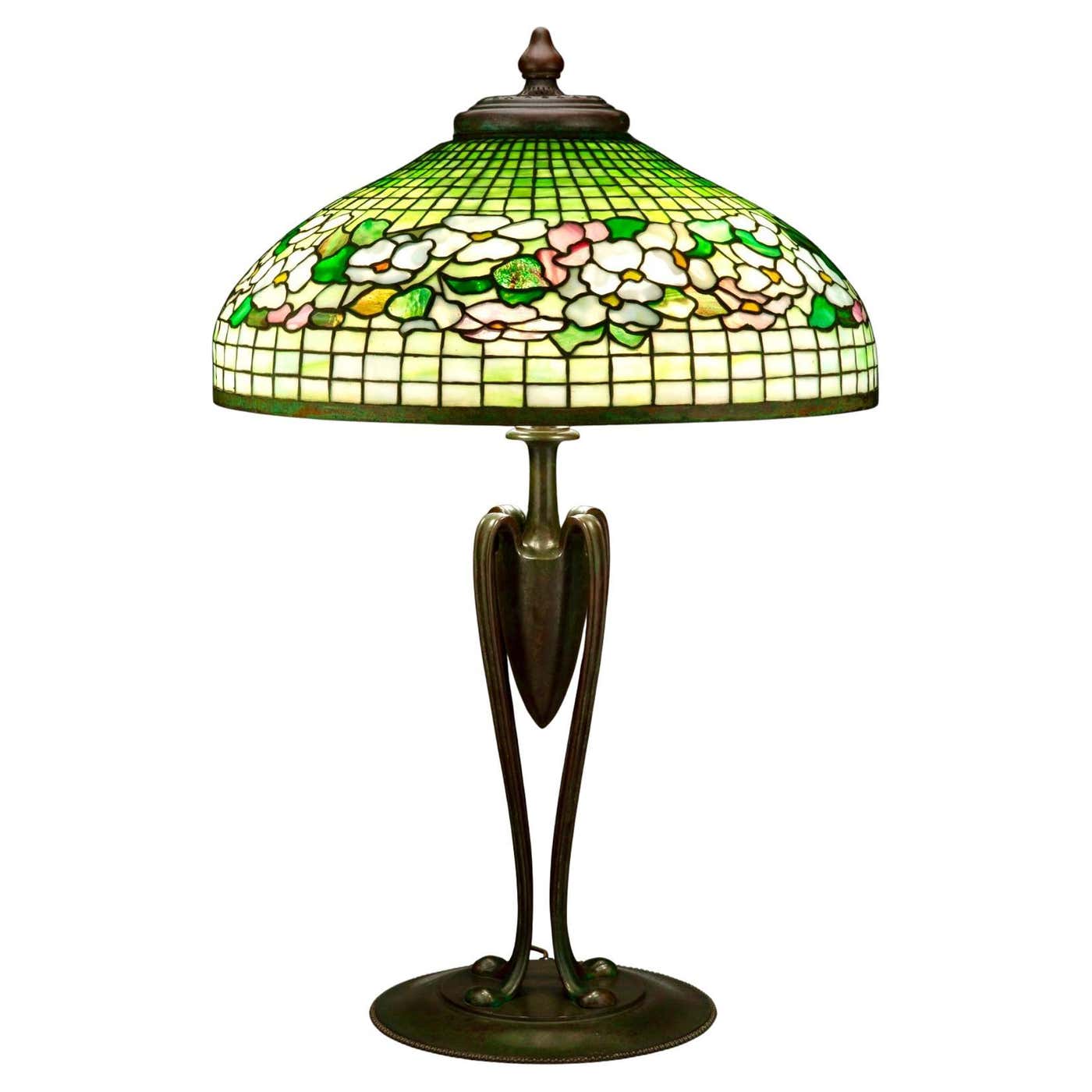 Tall Tiffany Studios Banded Dogwood Leaded Glass And Bronze Table Lamp ...