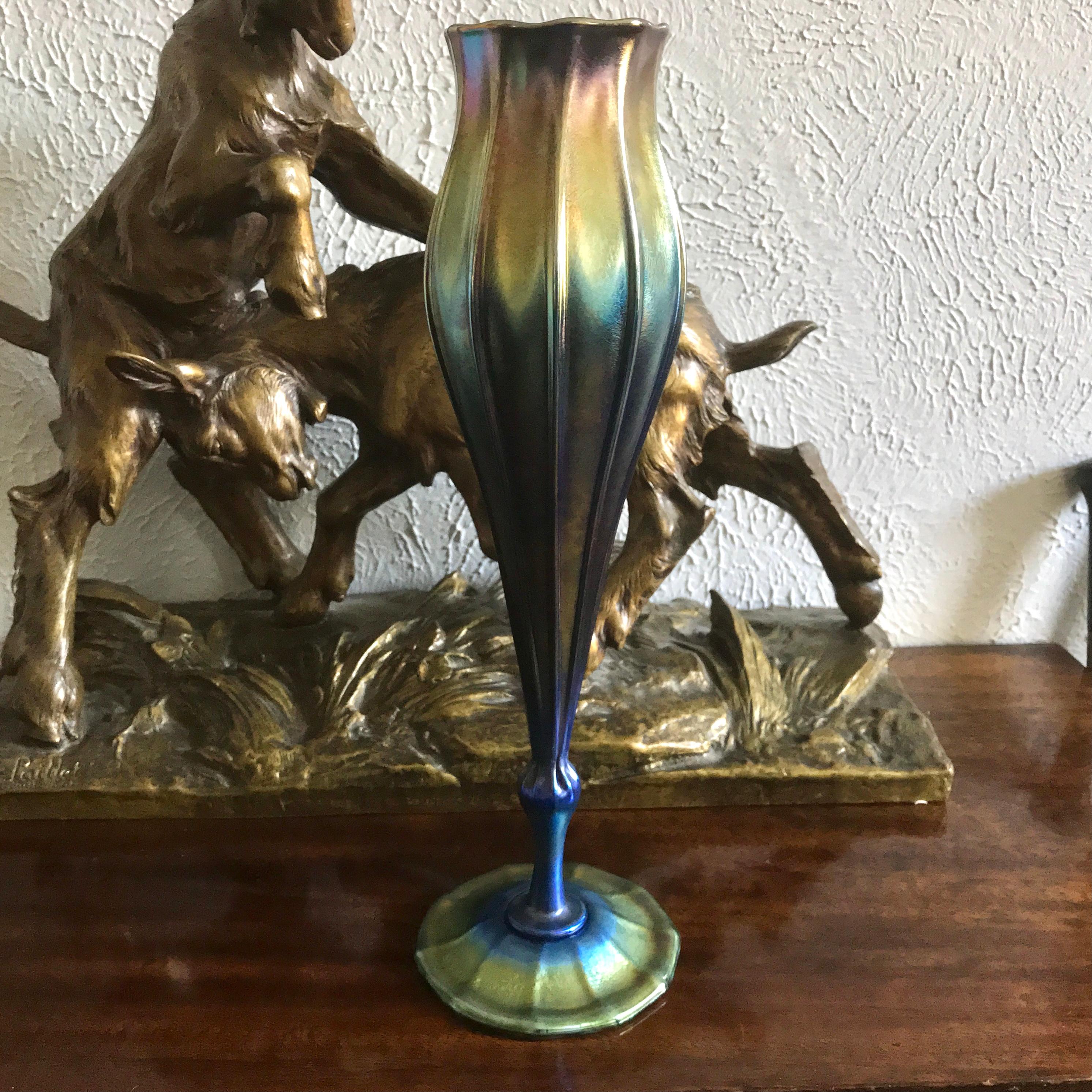 Tall Tiffany Studios Favrile L.C.T. Blue Floriform Iridescent Vase 2