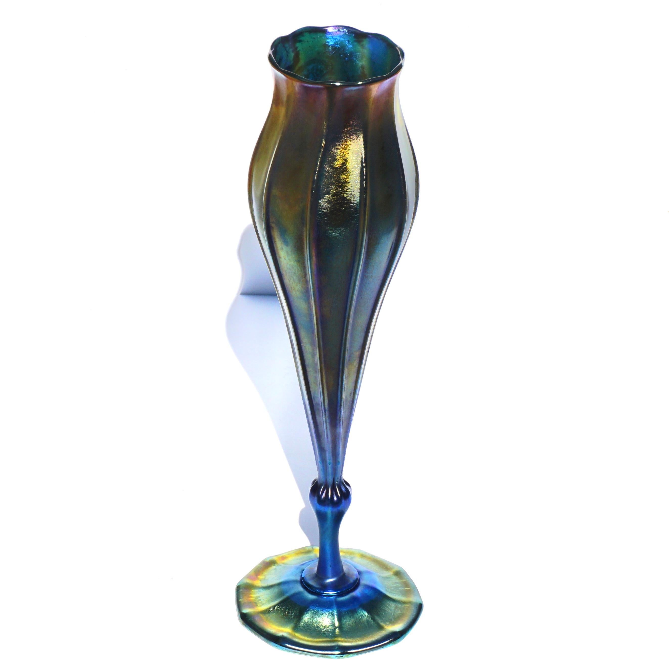 American Tall Tiffany Studios Favrile L.C.T. Blue Floriform Iridescent Vase