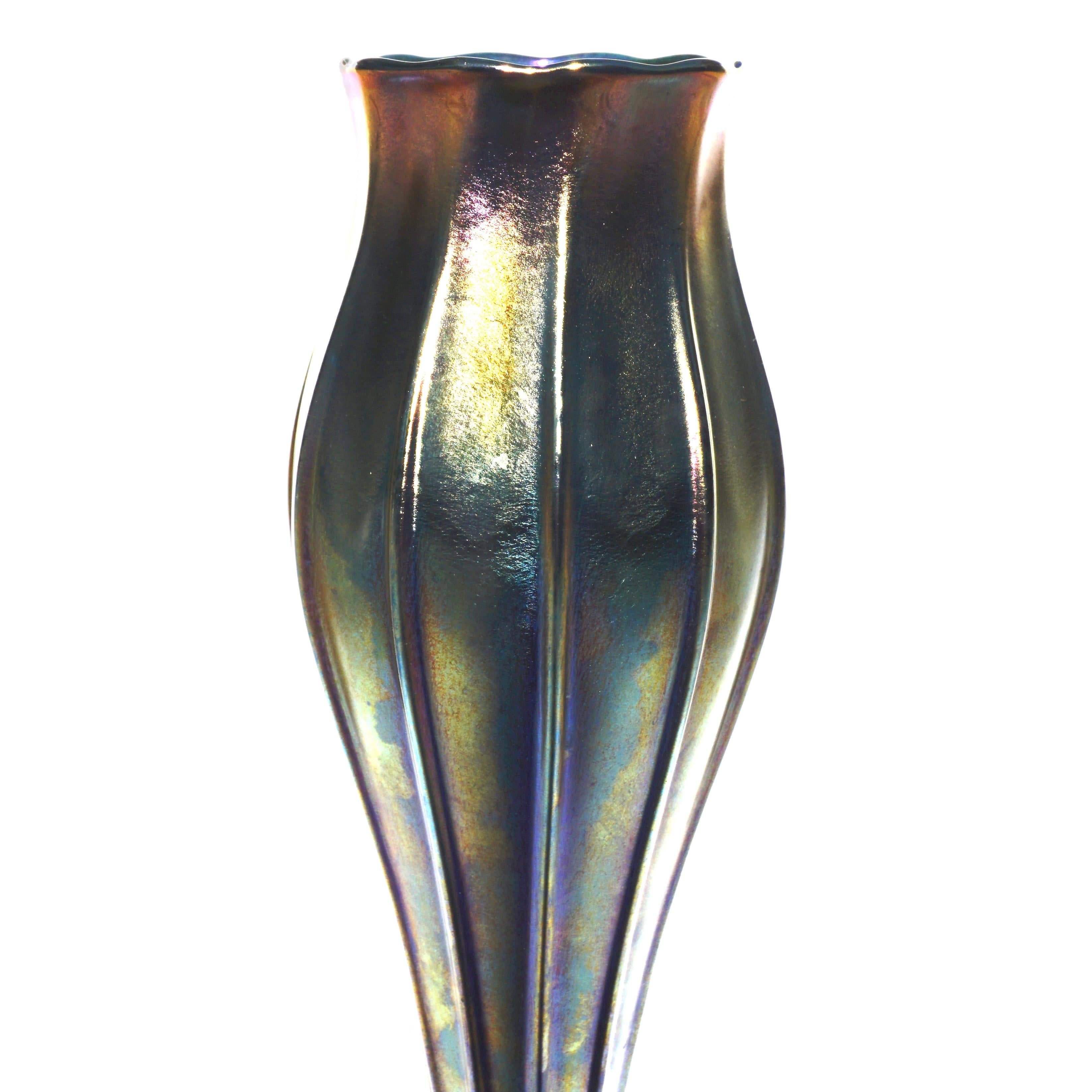 Early 20th Century Tall Tiffany Studios Favrile L.C.T. Blue Floriform Iridescent Vase