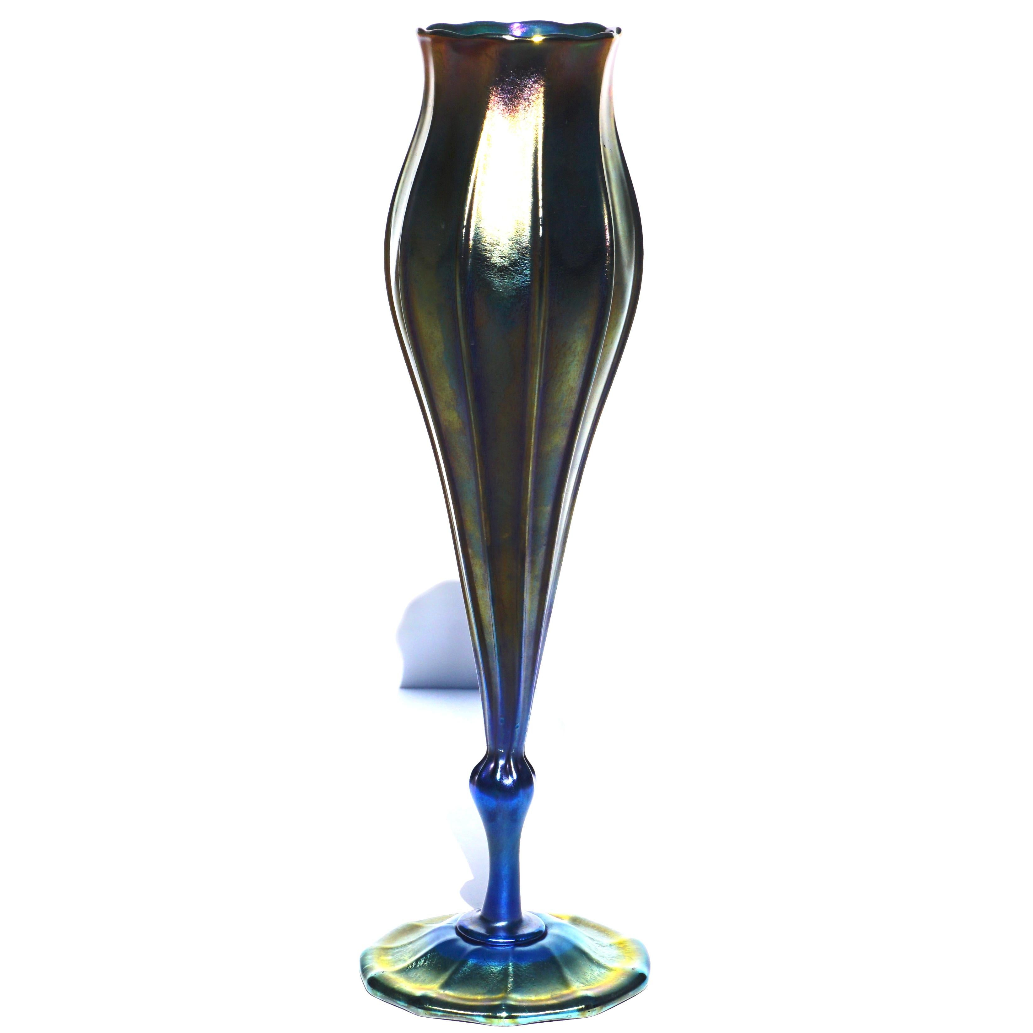 Tall Tiffany Studios Favrile L.C.T. Blue Floriform Iridescent Vase 1