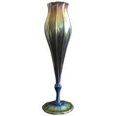 Tall Tiffany Studios Favrile L.C.T. Blue Floriform Iridescent Vase