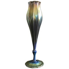 Antique Tall Tiffany Studios Favrile L.C.T. Blue Floriform Iridescent Vase