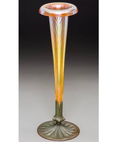 Tall Tiffany Studios Furnaces Favrile and Bronze Trumpet Vase, 1920