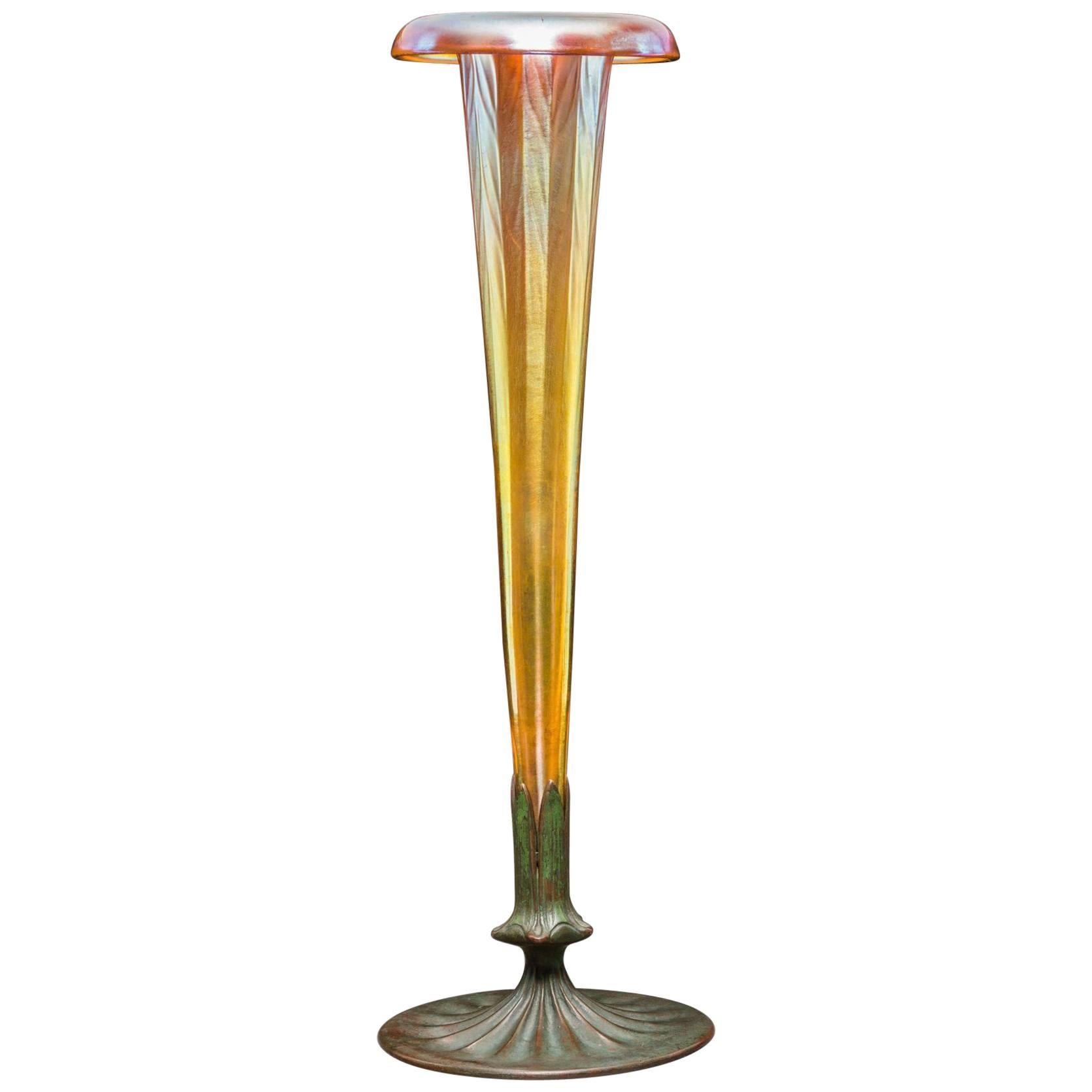 Tall Tiffany Studios Furnaces Favrile and Bronze Trumpet Vase, 1920