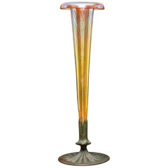 Antique Tall Tiffany Studios Furnaces Favrile and Bronze Trumpet Vase, 1920