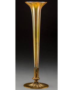 Tall Tiffany Studios Furnaces Gilt Bronze and Gold Favrile Trumpet Vase.