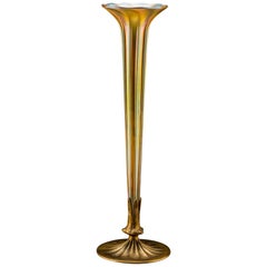 Tall Tiffany Studios Furnaces Gilt Bronze and Gold Favrile Trumpet Vase. 