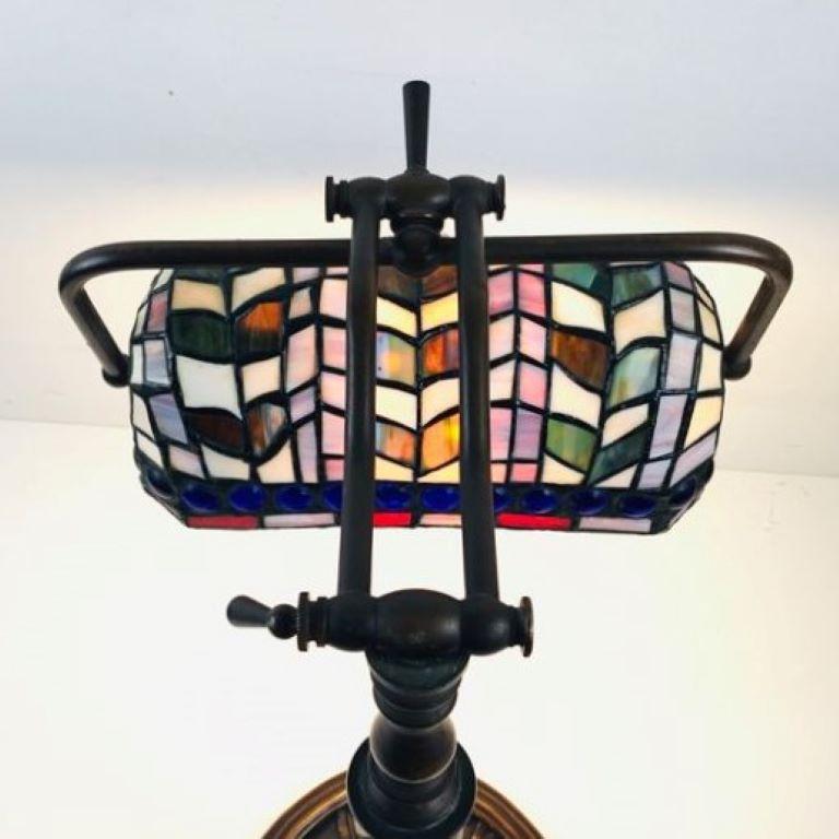 Tall Tiffany Style Adjustable Desk or Table Lamp Hand-Painted Leaded Glass 1950s For Sale 4