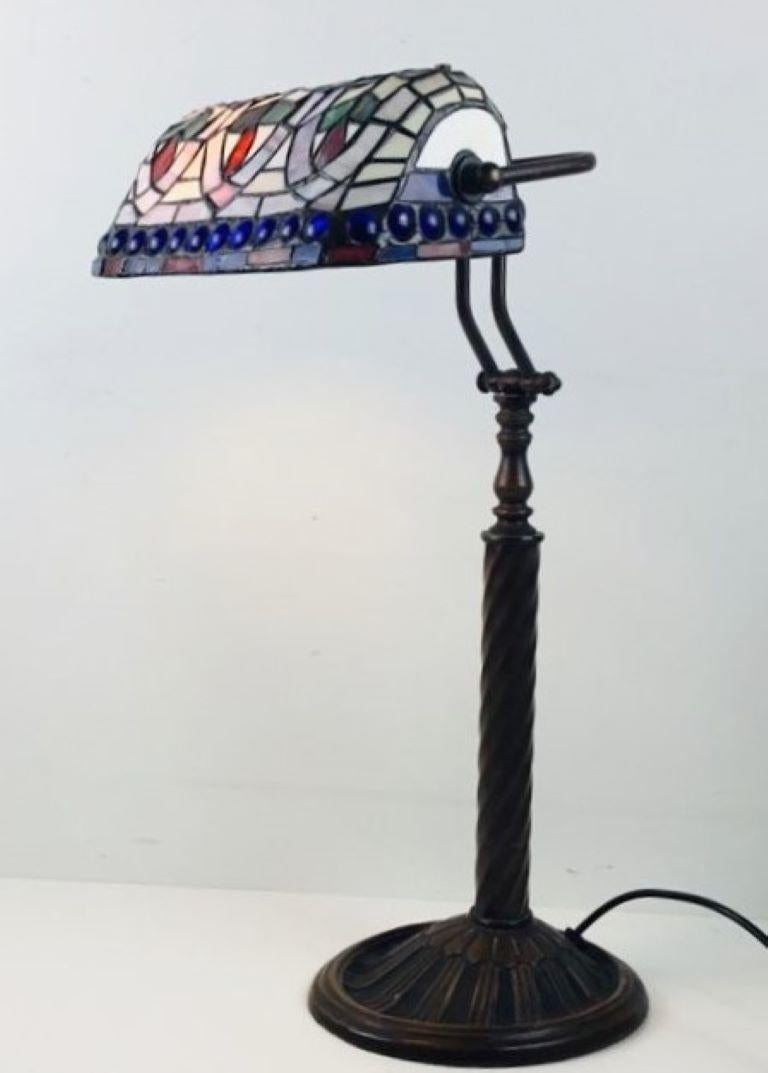 Art Deco Tall Tiffany Style Adjustable Desk or Table Lamp Hand-Painted Leaded Glass 1950s For Sale