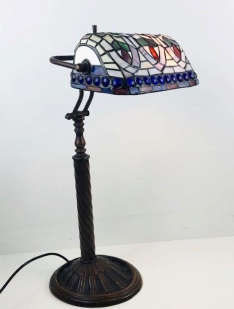 Tall Tiffany Style Adjustable Desk or Table Lamp Hand-Painted Leaded Glass 1950s In Good Condition For Sale In Frankfurt am Main, DE