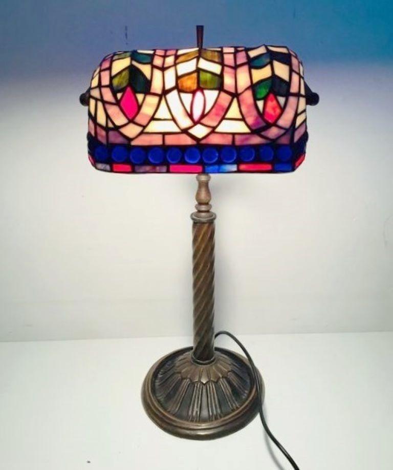 Bronze Tiffany Style Leaded Glass Bankers Desk Lamp Table Lamp, 1950s For Sale