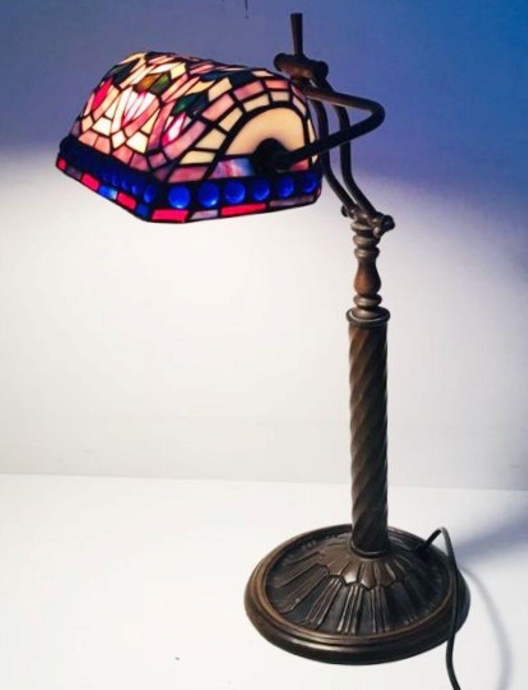 Patinated Tiffany Style Leaded Glass Bankers Desk Lamp Table Lamp, 1950s For Sale
