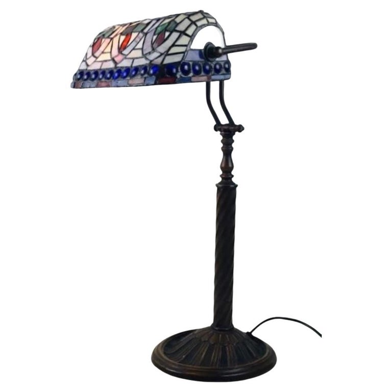 Tall Tiffany Style Adjustable Desk or Table Lamp Hand-Painted Leaded Glass 1950s For Sale