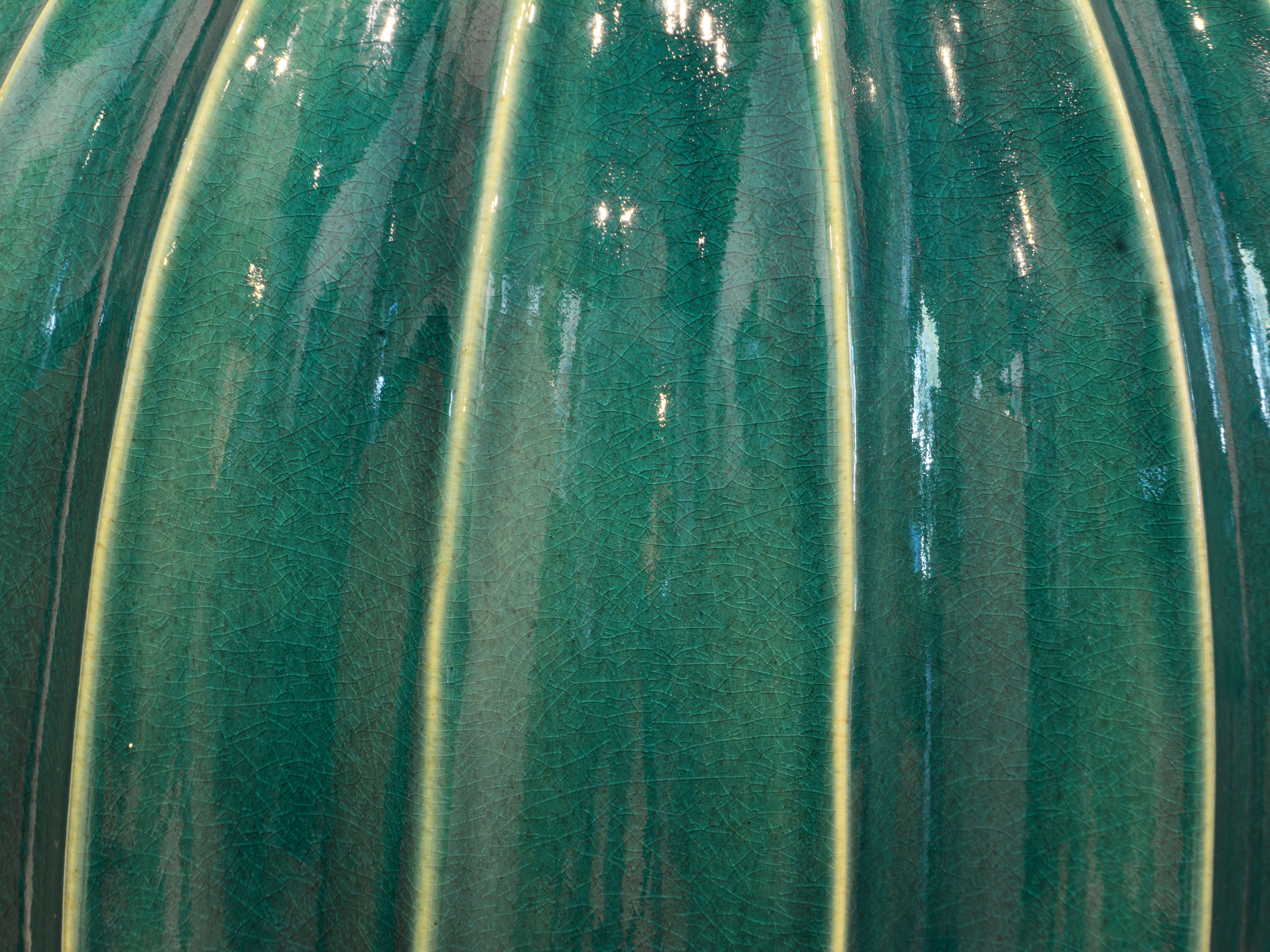 Modern Tall Timeless Design Ceramic Malachite Green Glazed Ribbed Floor Vase by Oggetti