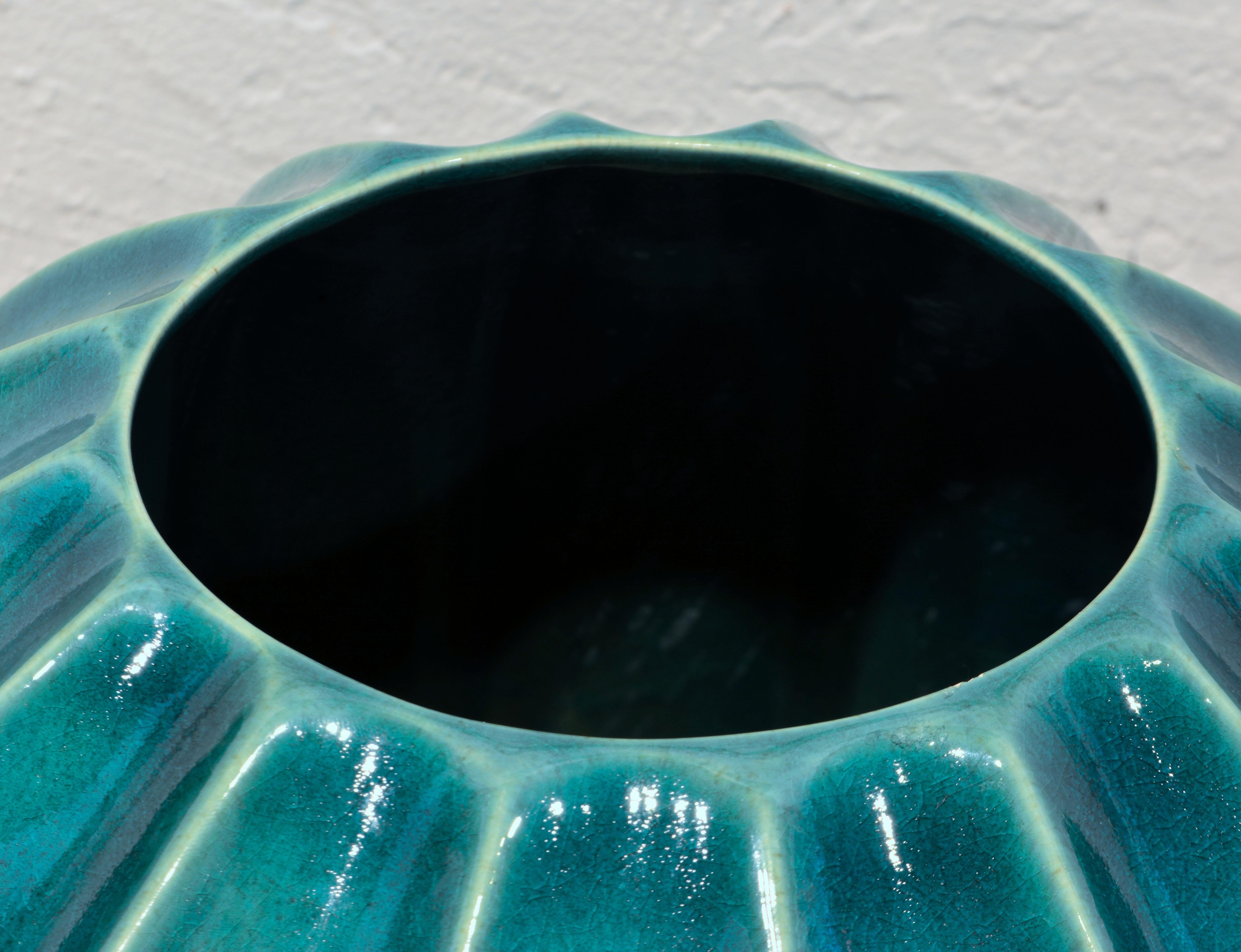 Portuguese Tall Timeless Design Ceramic Malachite Green Glazed Ribbed Floor Vase by Oggetti
