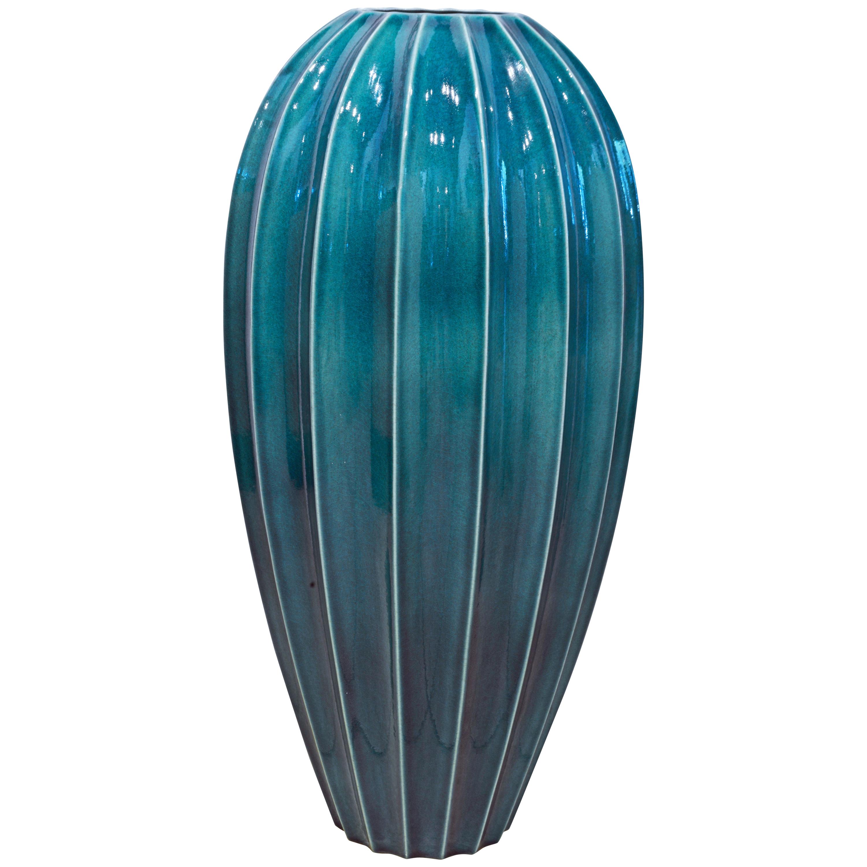 Tall Timeless Design Ceramic Malachite Green Glazed Ribbed Floor Vase by Oggetti