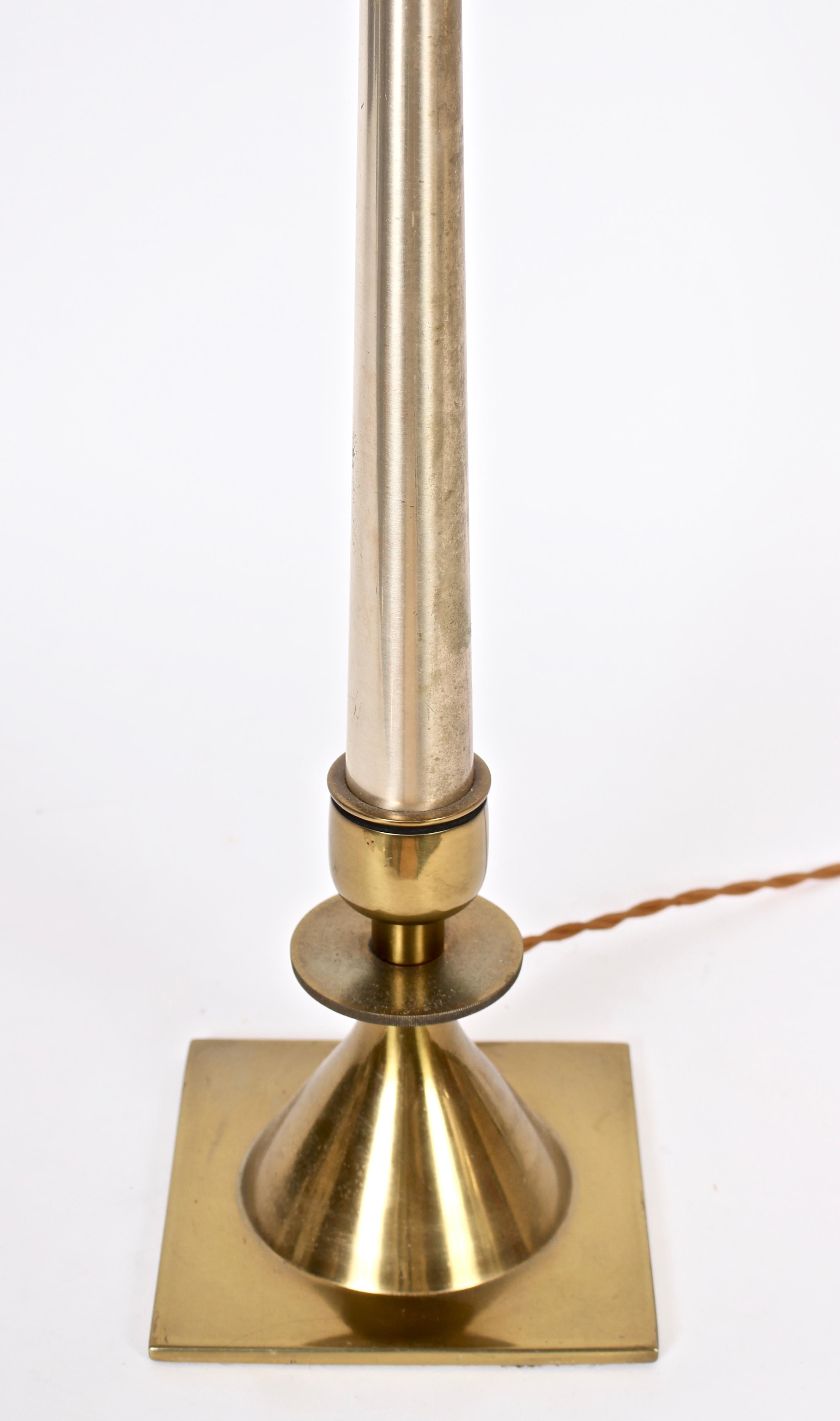 American Tall Tommi Parzinger Style Nickel & Brass Stiffel Lamp with Milk Glass Shade For Sale