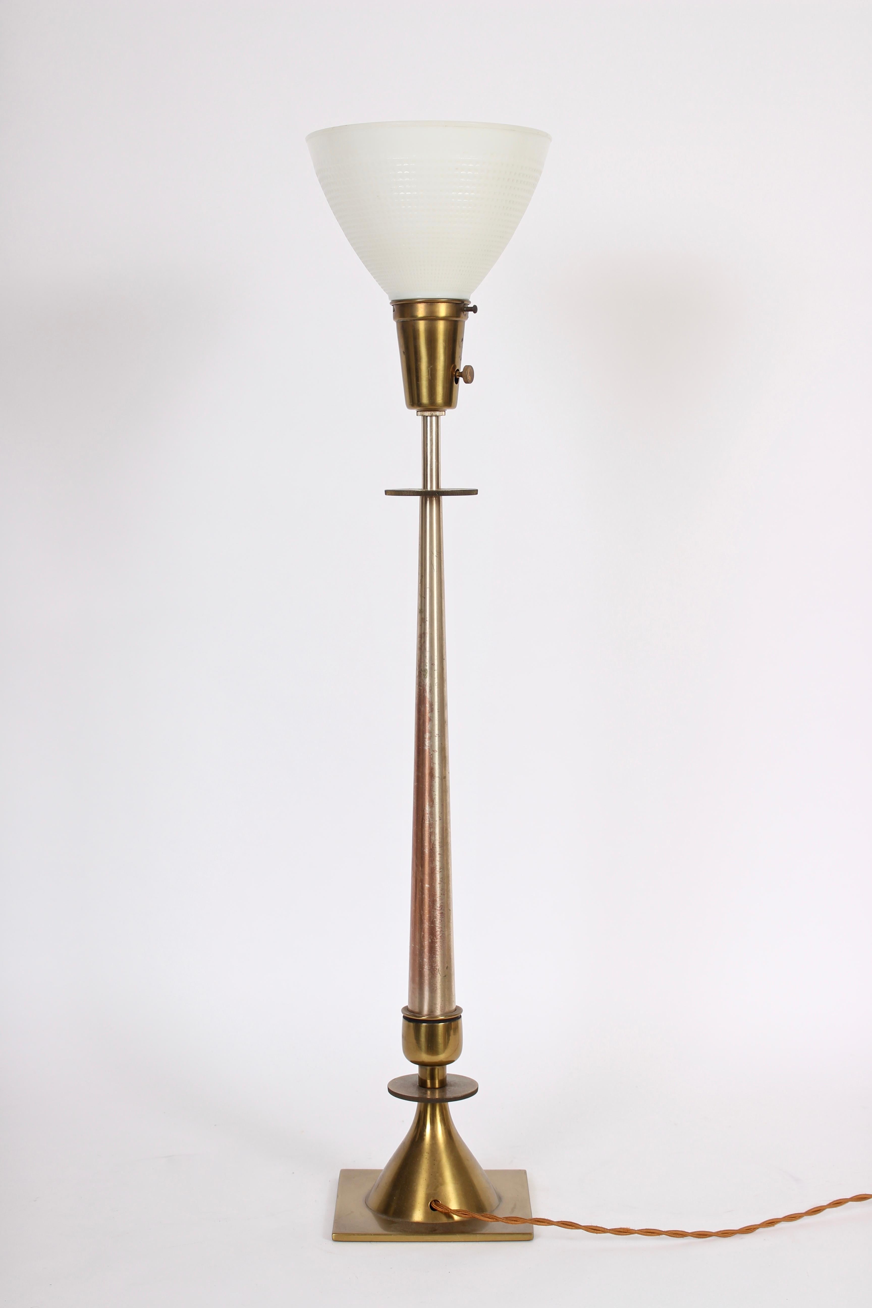 Brushed Tall Tommi Parzinger Style Nickel & Brass Stiffel Lamp with Milk Glass Shade For Sale