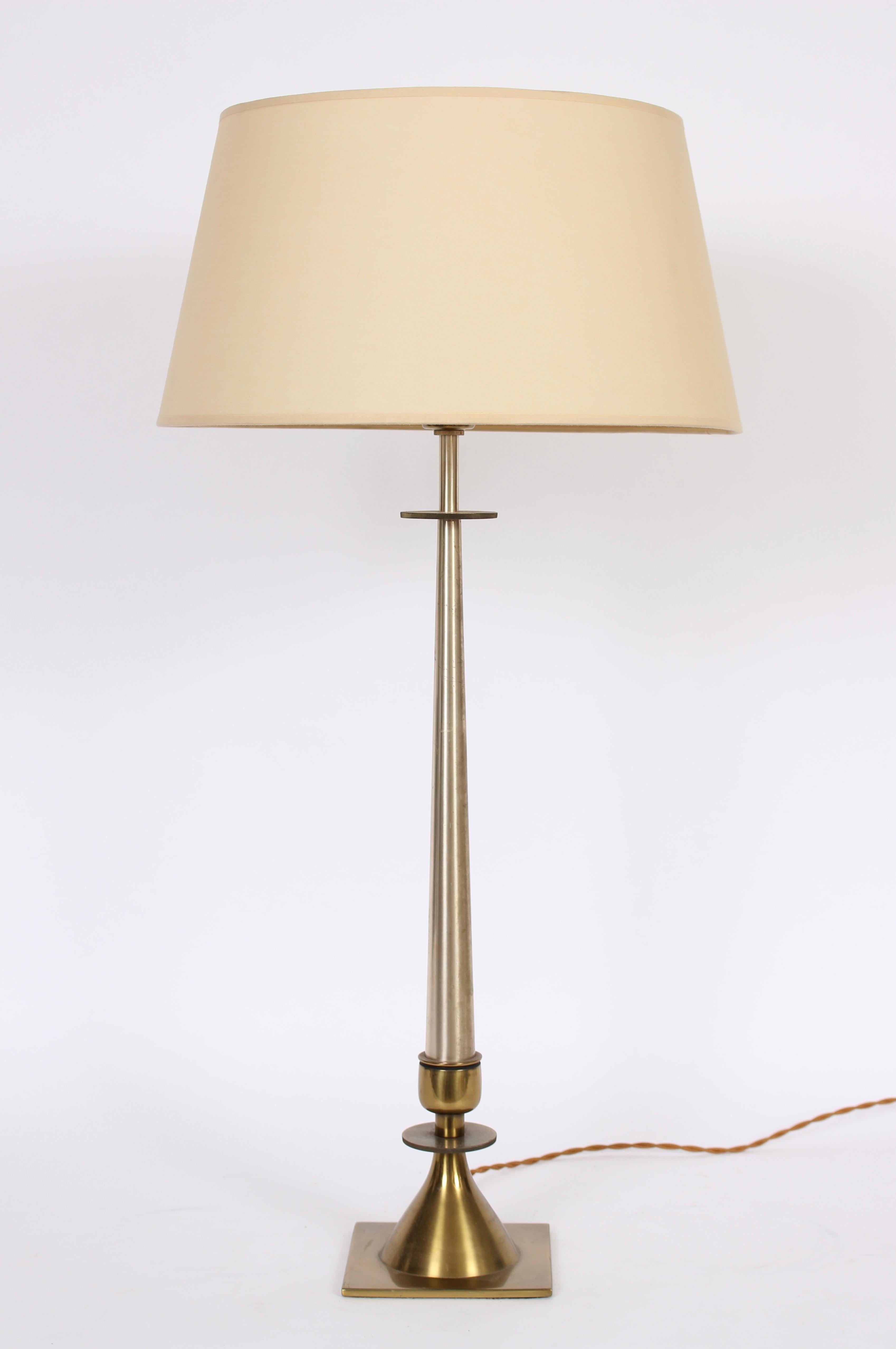 Tall Tommi Parzinger Style Nickel & Brass Stiffel Lamp with Milk Glass Shade In Good Condition For Sale In Bainbridge, NY