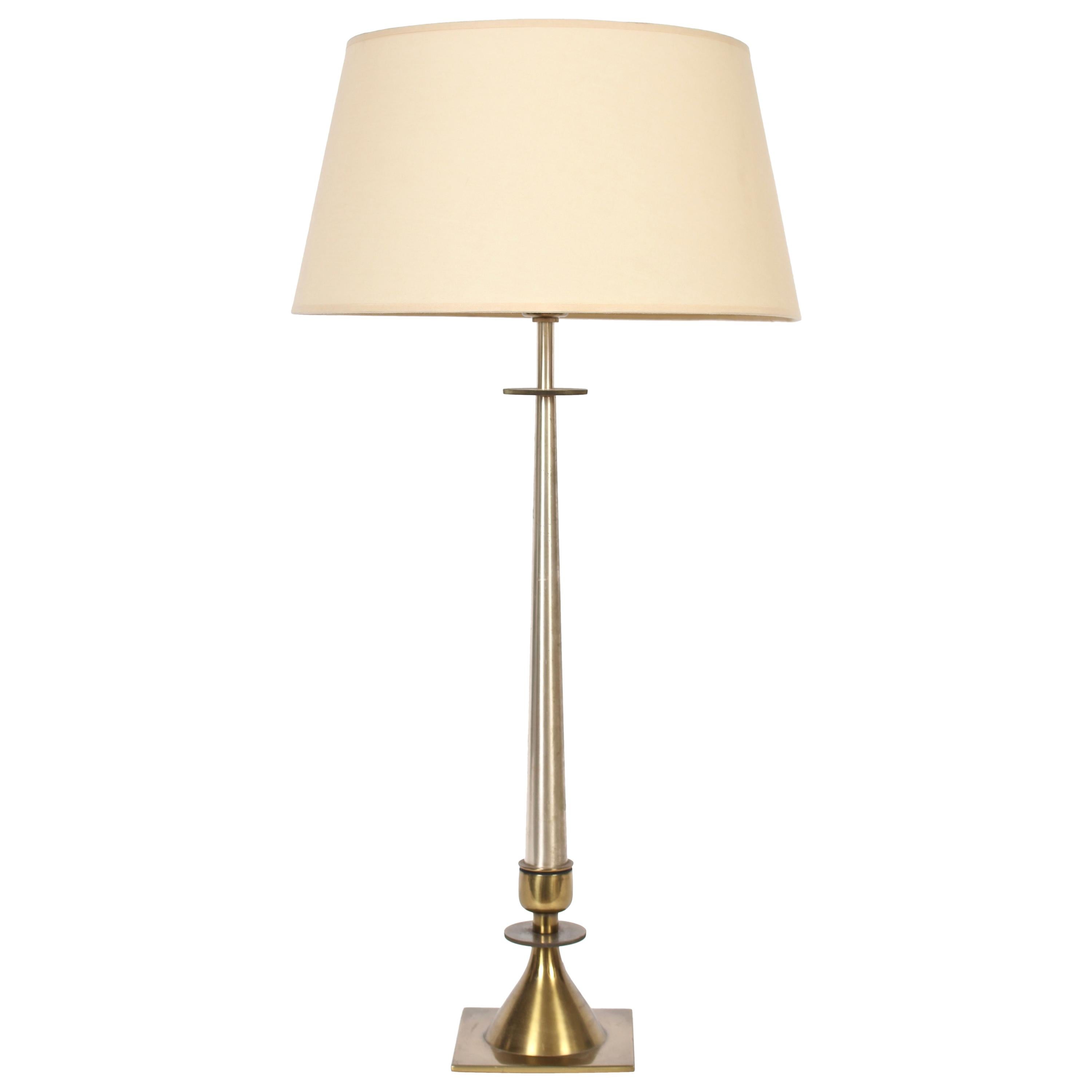 Tall Tommi Parzinger Style Nickel & Brass Stiffel Lamp with Milk Glass Shade For Sale