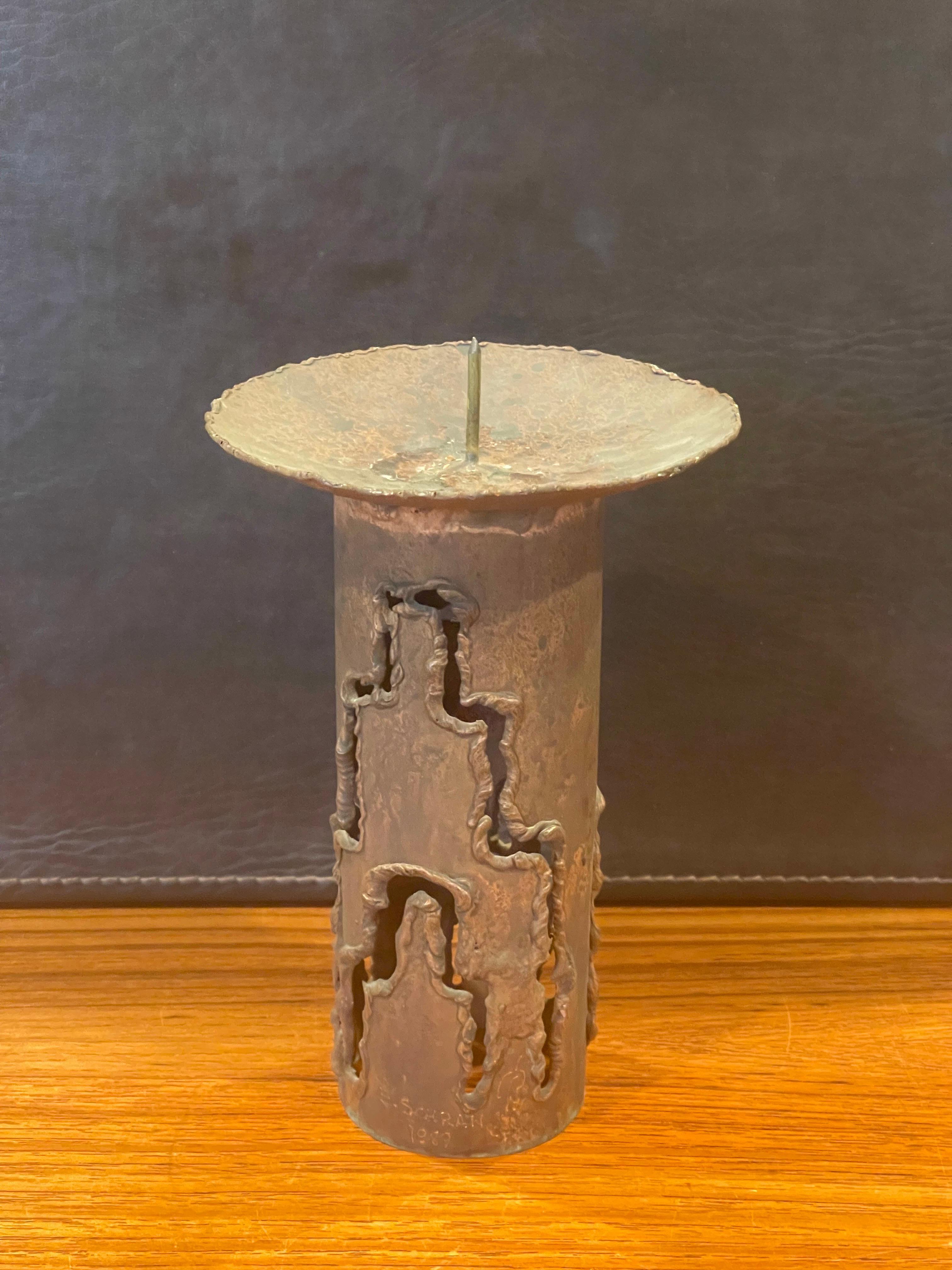 American Tall Torch Cut Brutalist Copper Candleholder by E.Schran For Sale