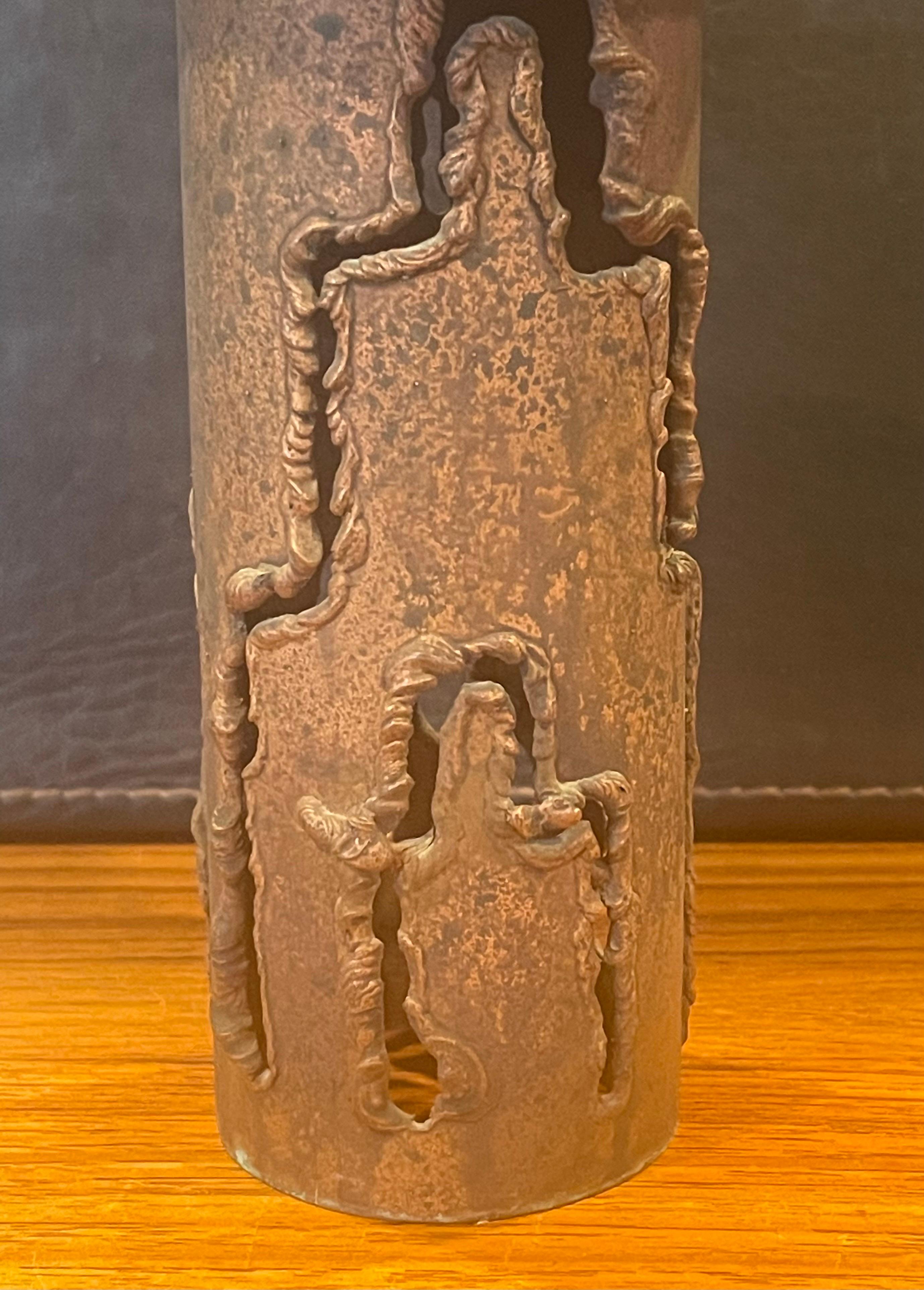 Tall Torch Cut Brutalist Copper Candleholder by E.Schran In Good Condition For Sale In San Diego, CA