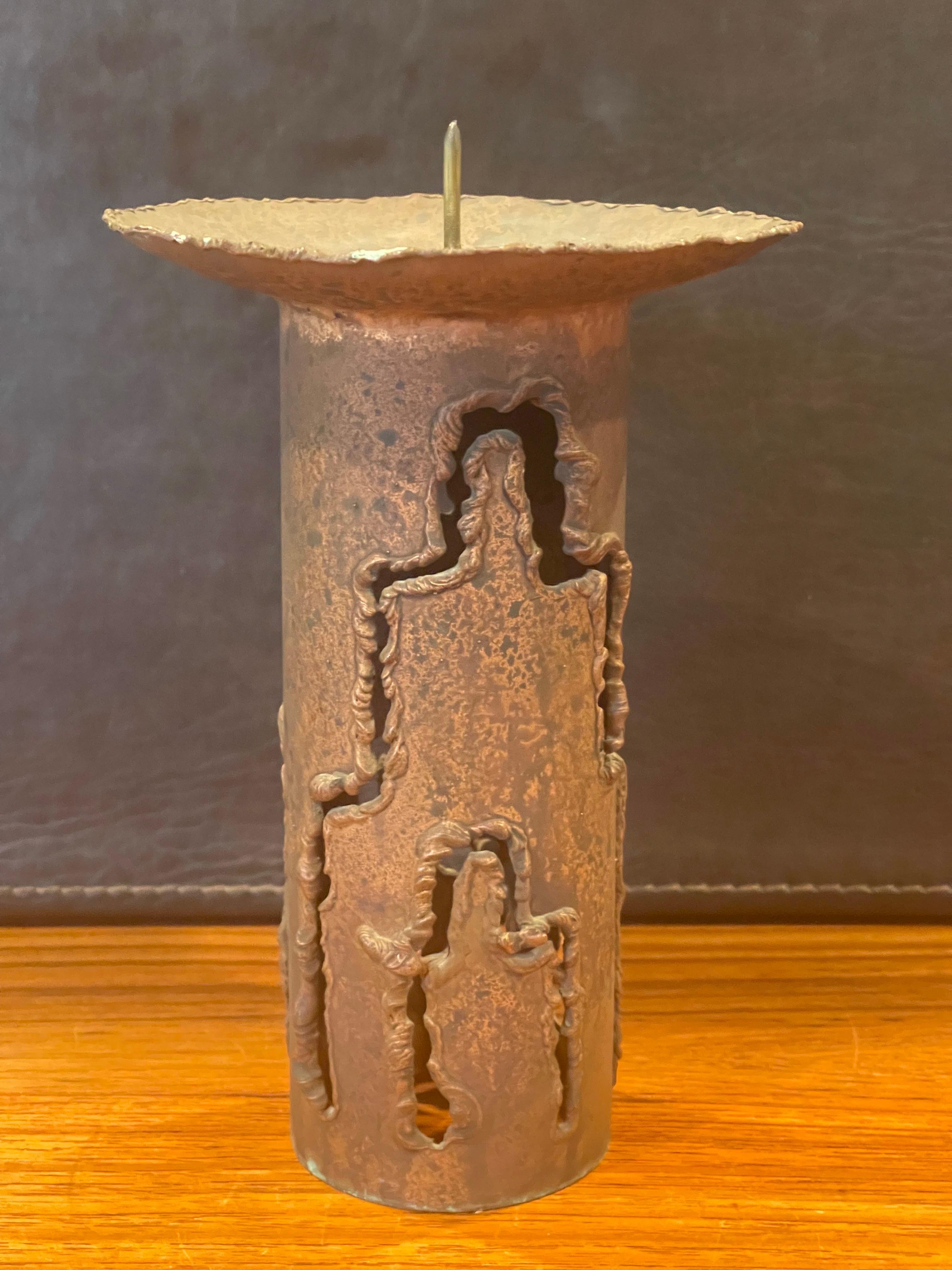 20th Century Tall Torch Cut Brutalist Copper Candleholder by E.Schran For Sale