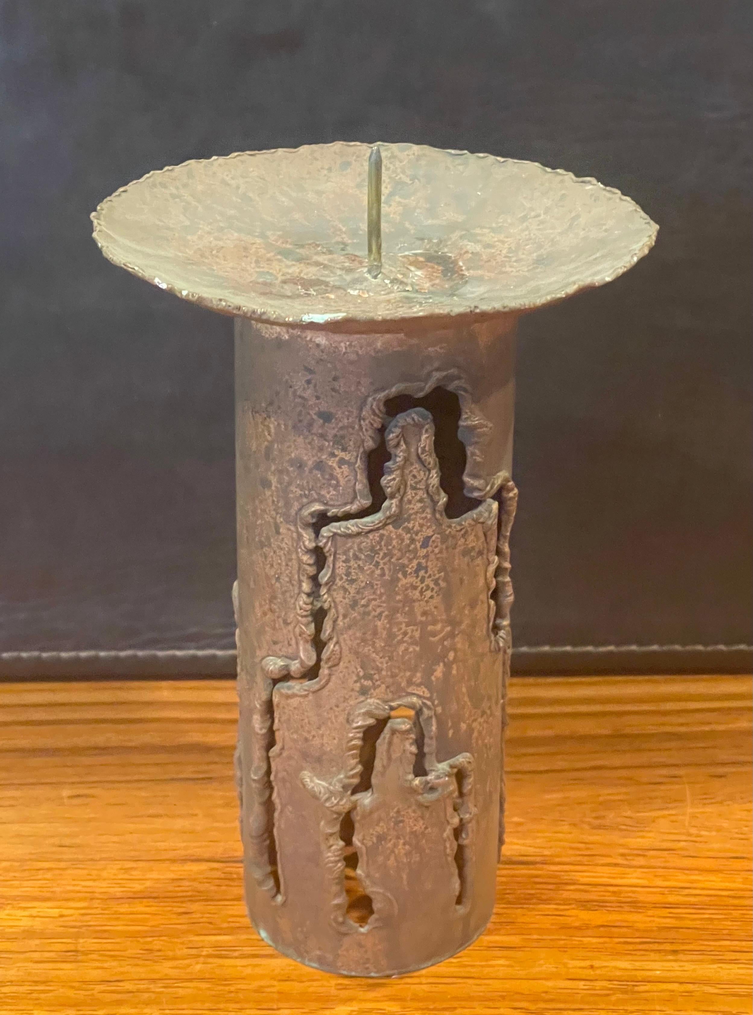 Tall Torch Cut Brutalist Copper Candleholder by E.Schran For Sale 1