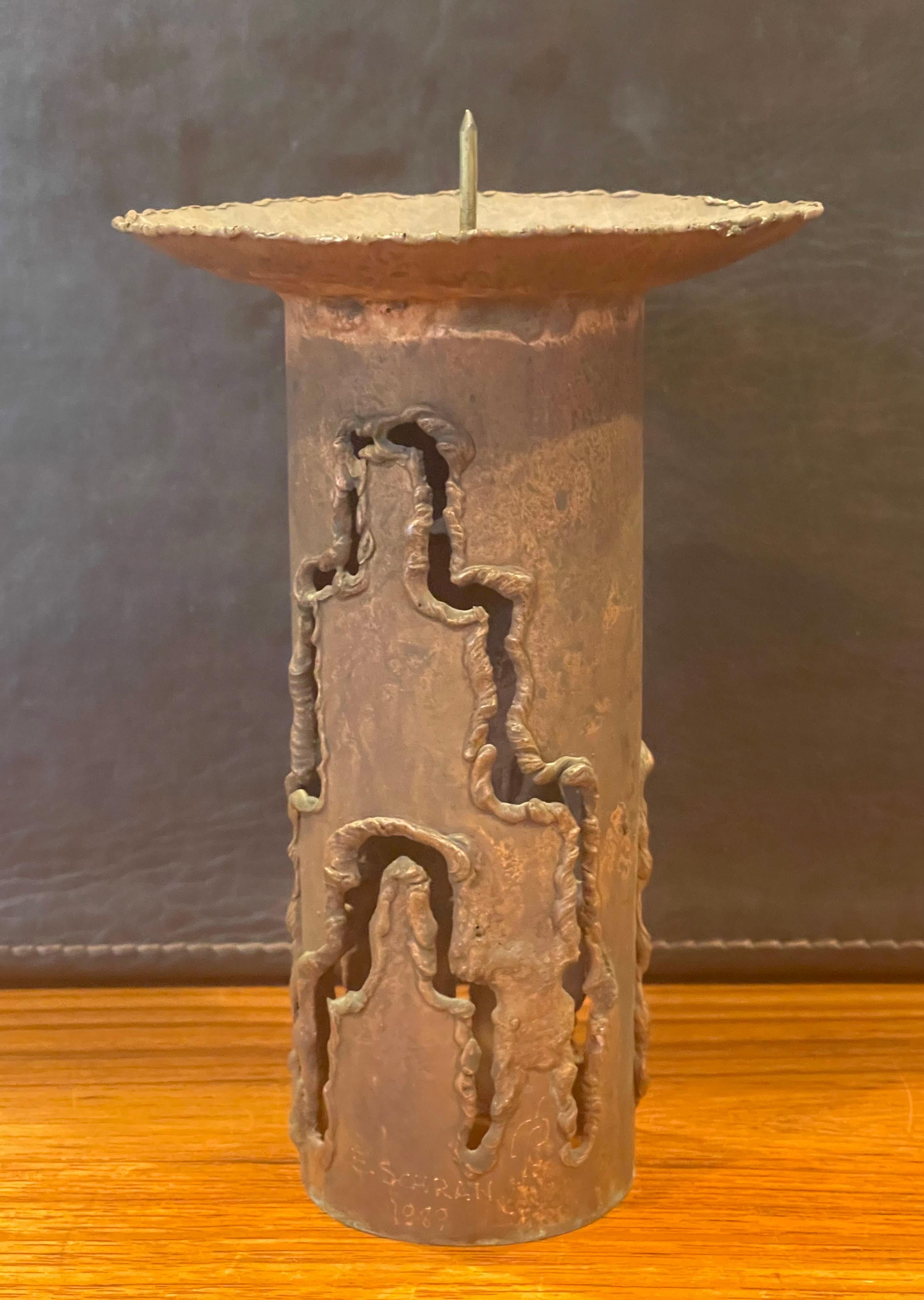 Tall Torch Cut Brutalist Copper Candleholder by E.Schran For Sale 2