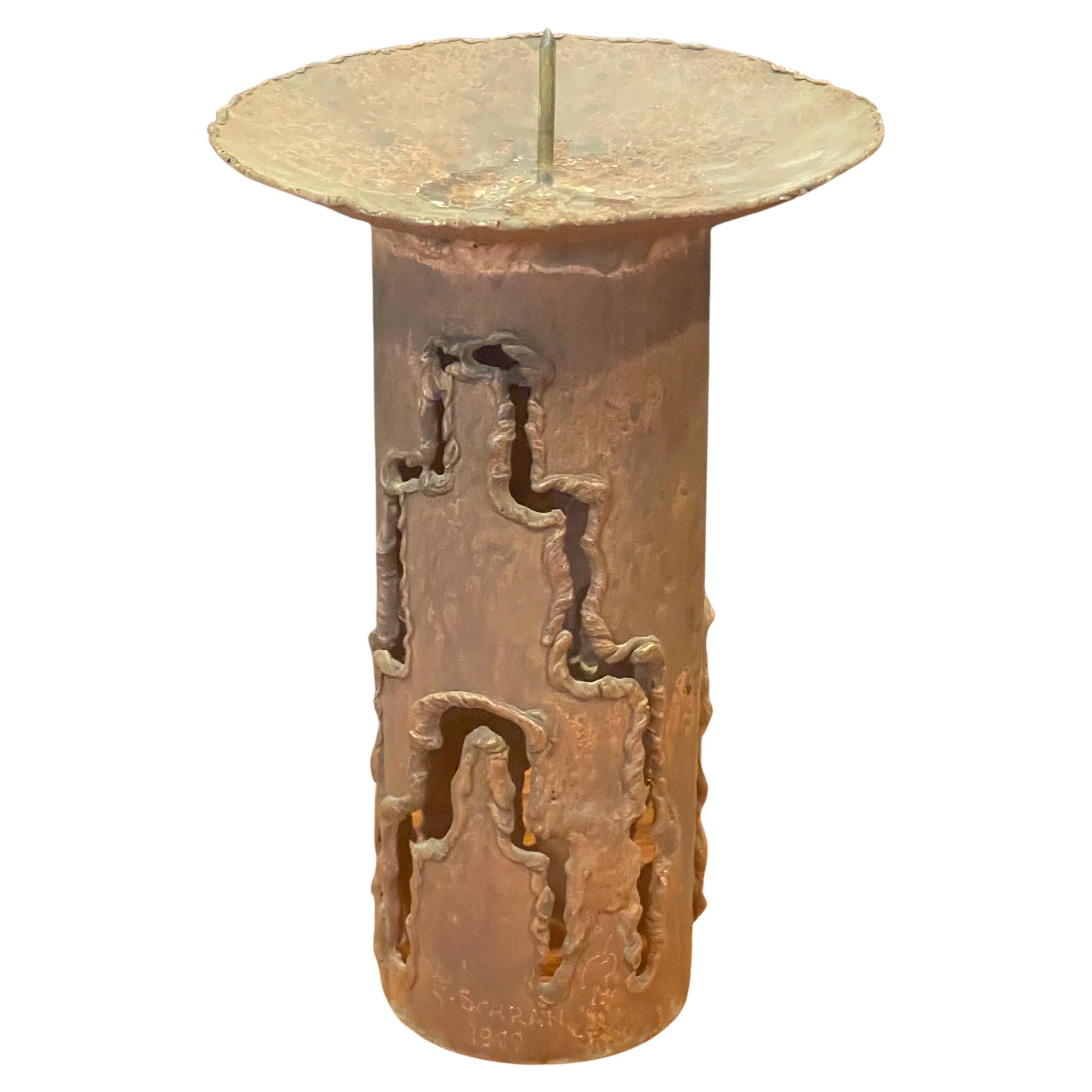 Tall Torch Cut Brutalist Copper Candleholder by E.Schran For Sale