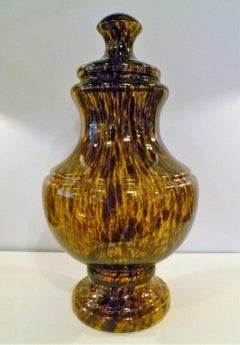Tall Tortoise Shell Pattern Italian Modern Monumental Glass Urn with Top, 1960