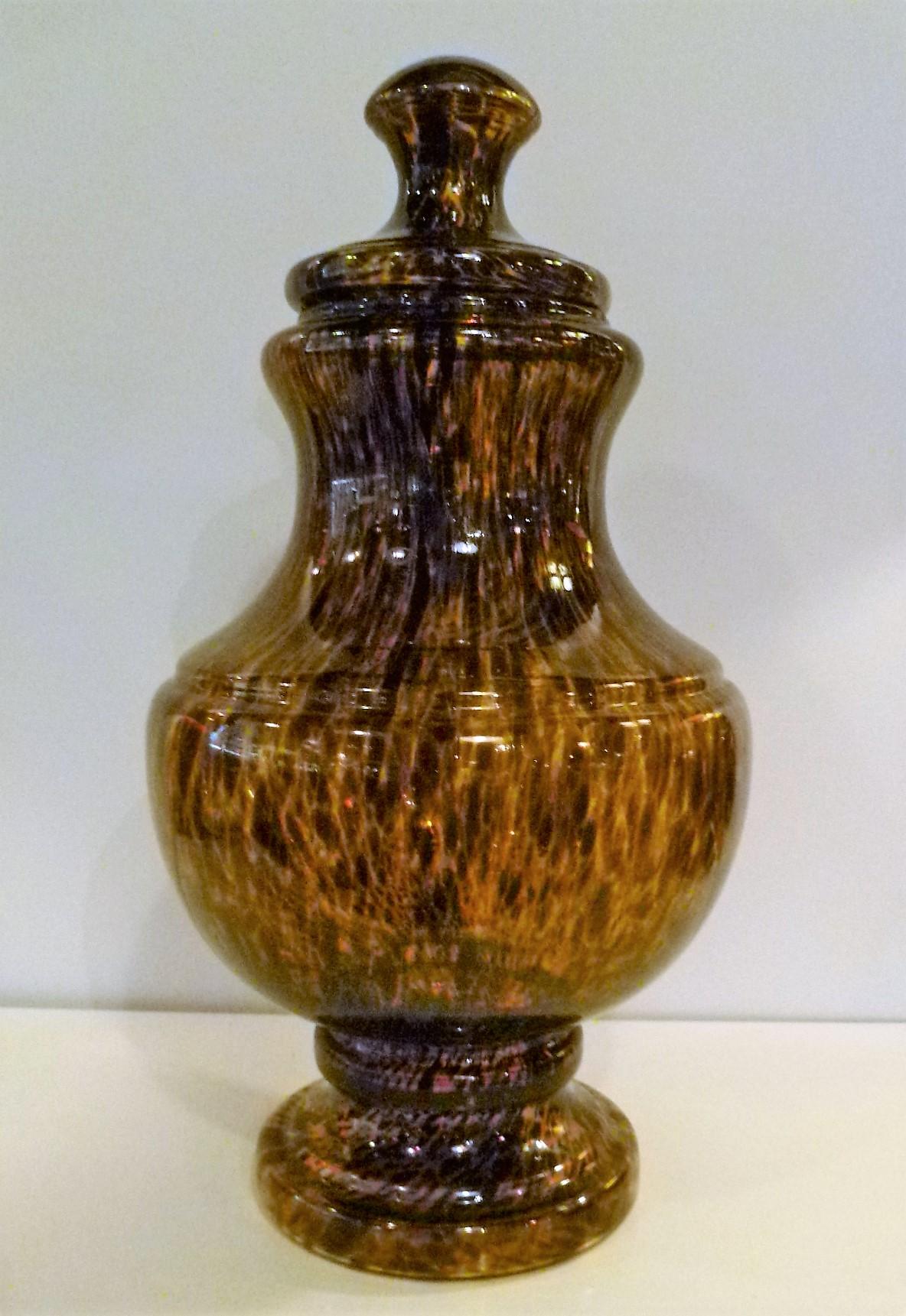 Mid-Century Modern Tall Tortoise Shell Pattern Italian Modern Monumental Glass Urn with Top, 1960 For Sale